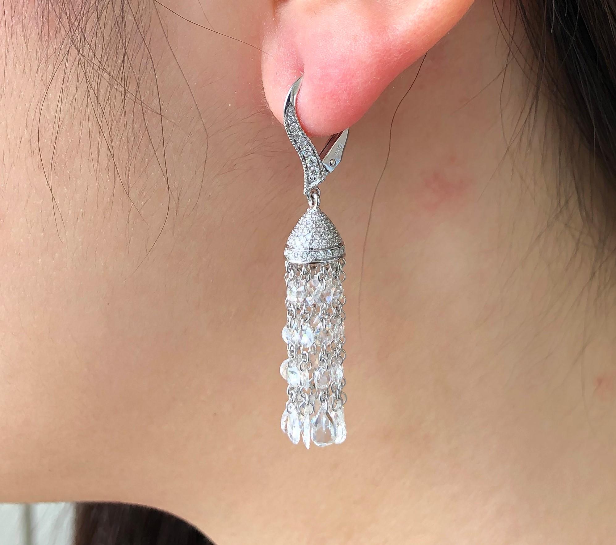 JR 5.80 Carat Rose Cut Diamond Tassel 18 Karat White Gold Earring For Sale 1