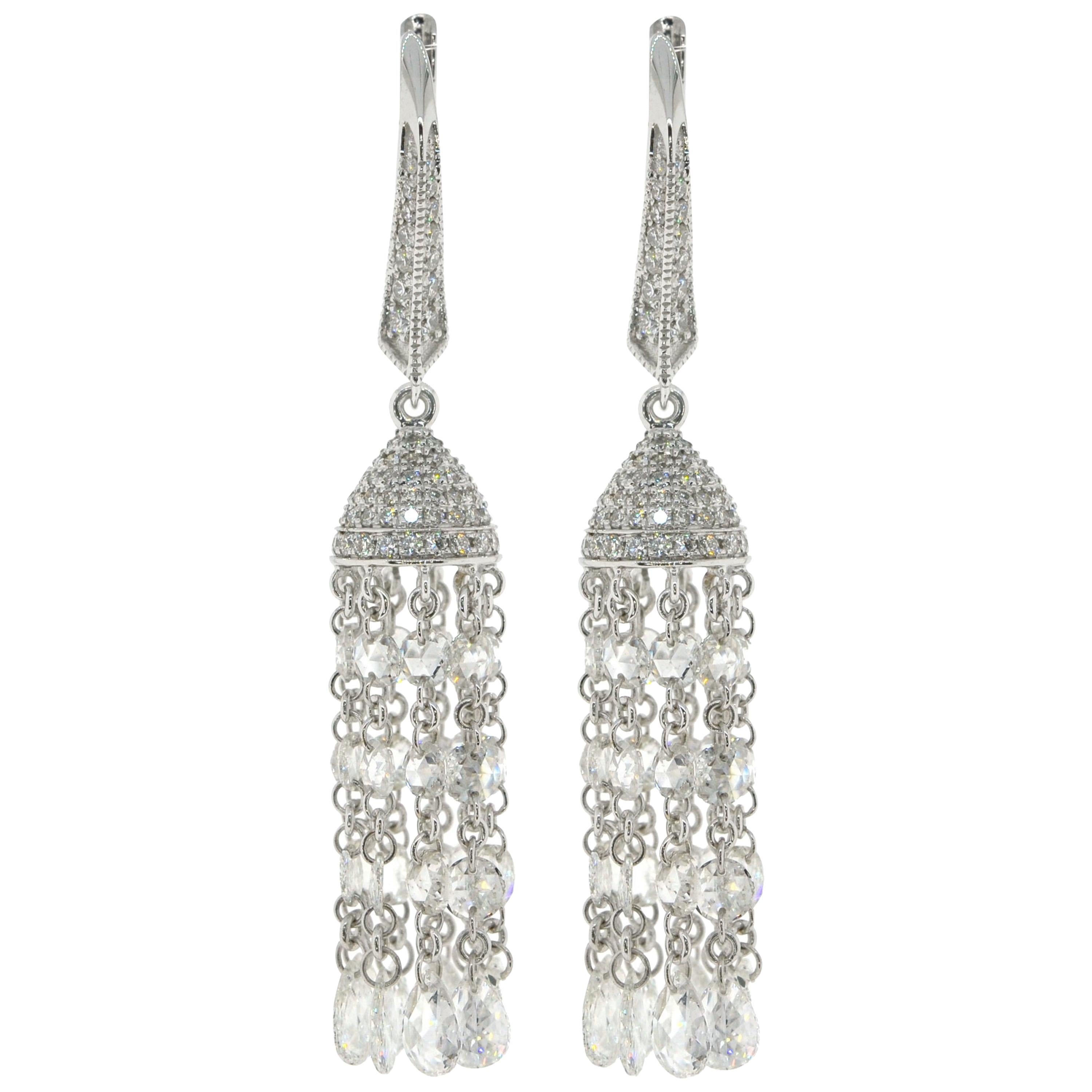 JR Boucles d'oreilles en or blanc 18 carats avec pampilles en diamants taille rose de 5,80 carats