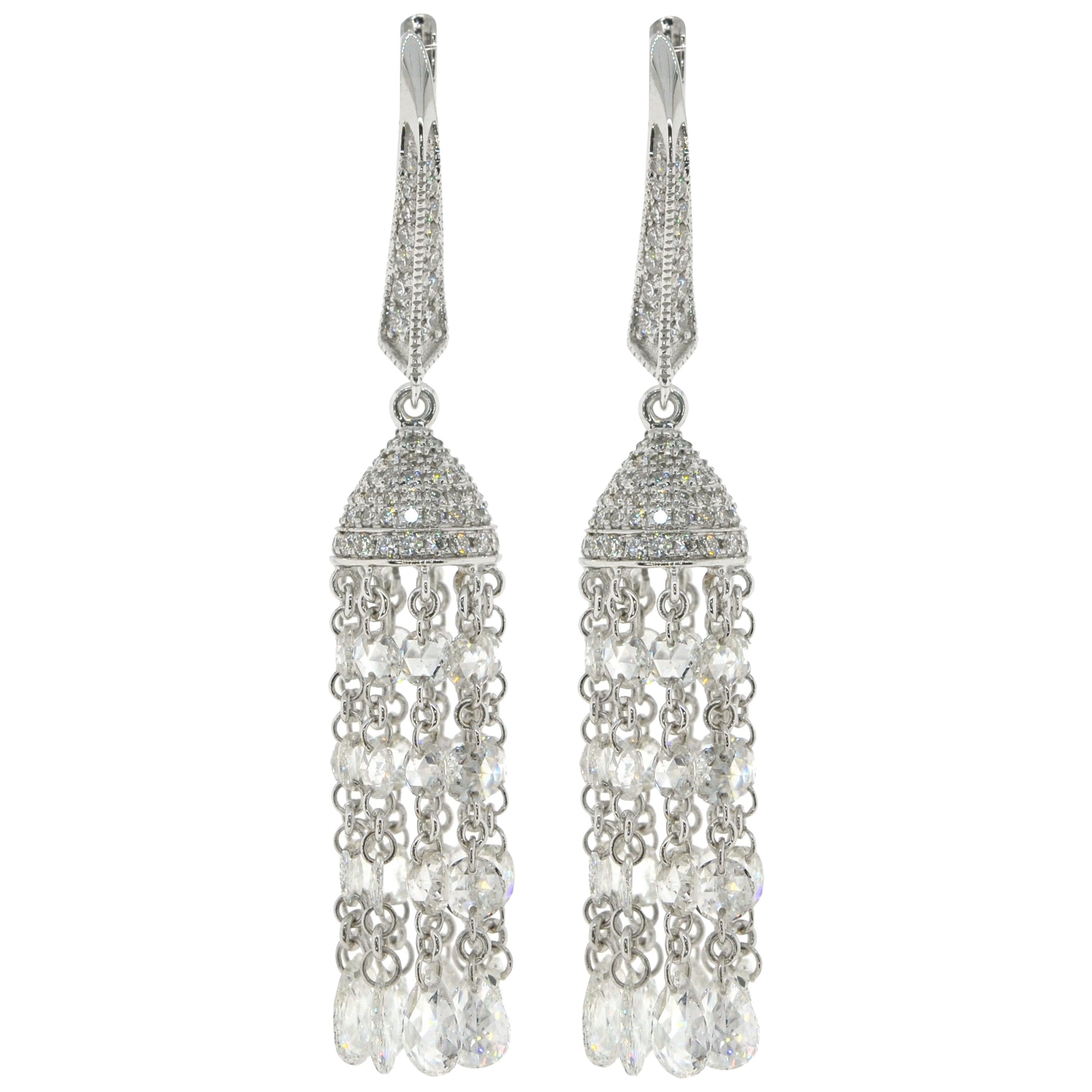 JR Pendiente de oro blanco de 18 quilates con borla de diamantes talla rosa de 5,80 quilates