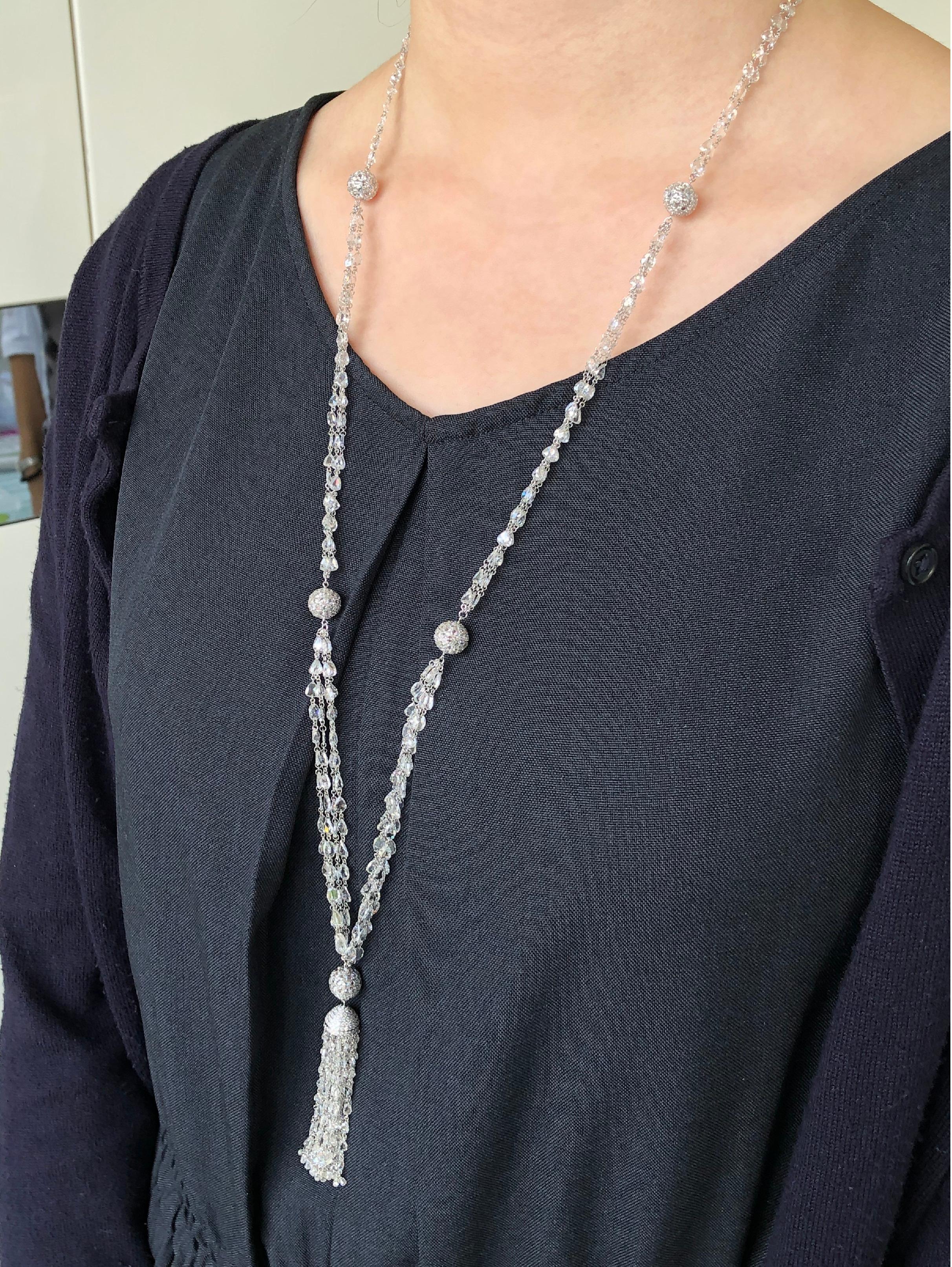 JR 59.63 Carat Rose Cut Diamond Tassel Necklace

This wonderful tassel necklace is enough to make you dazzle as well. They're fun, and they're lively. Drilled Diamond Rose Cut Necklace linked by 18 karat White gold and 59.63 carats of White