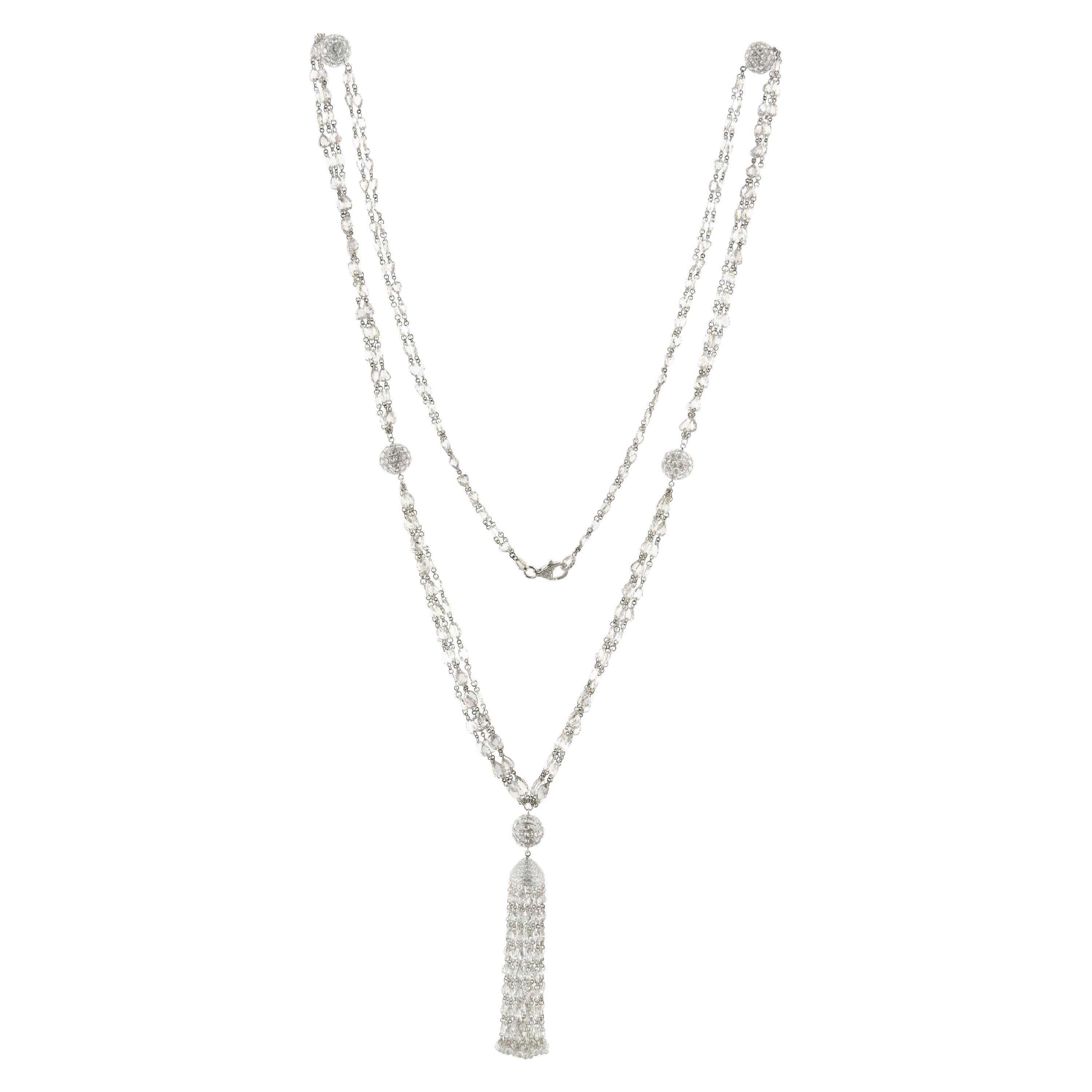 JR 59.63 Carat Rose Cut Diamond 18 Karat White Gold Tassel Necklace