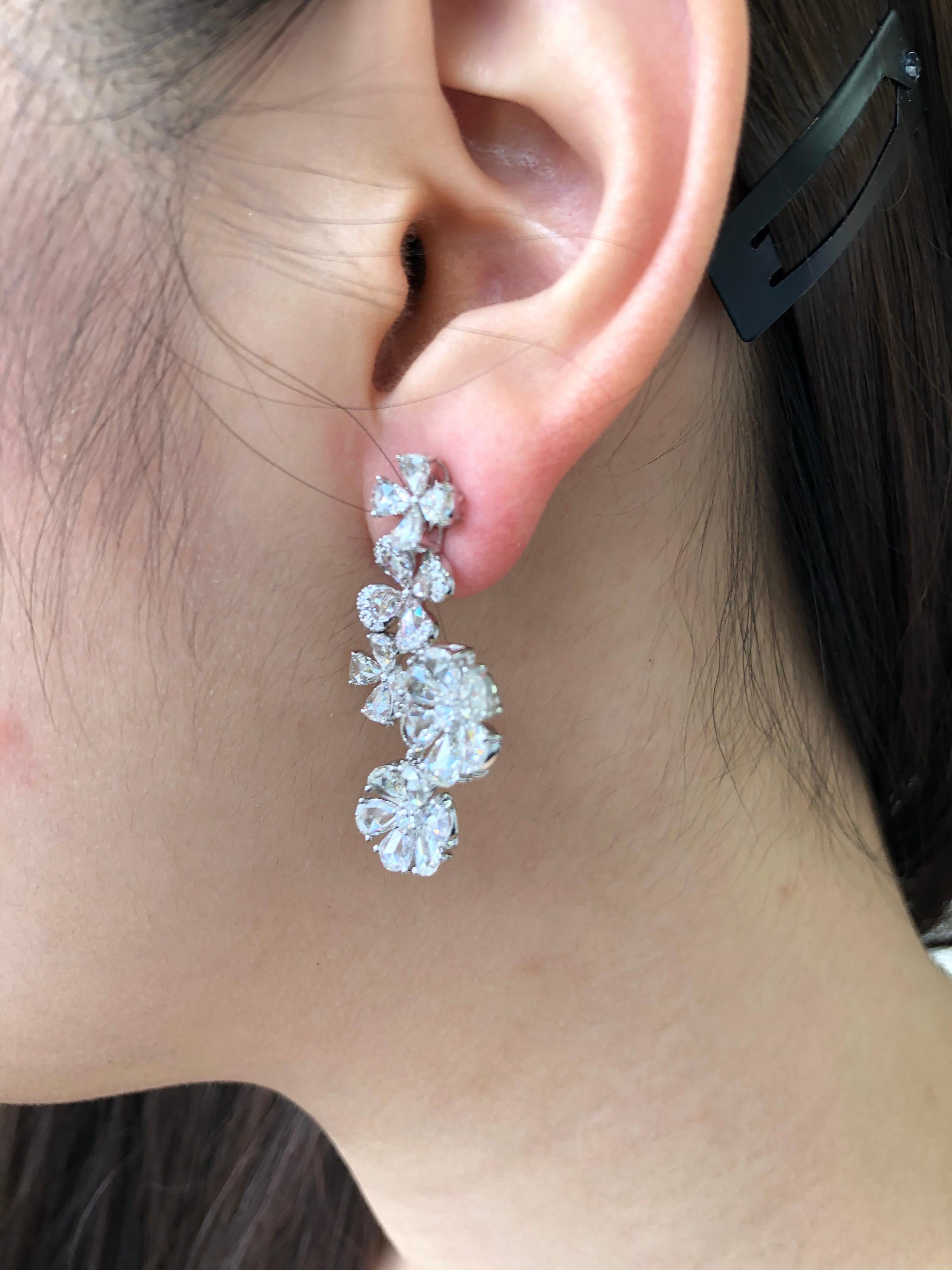Contemporary JR 7.73 Carat Rose Cut Diamond Flower 18 Karat White Gold Earring For Sale