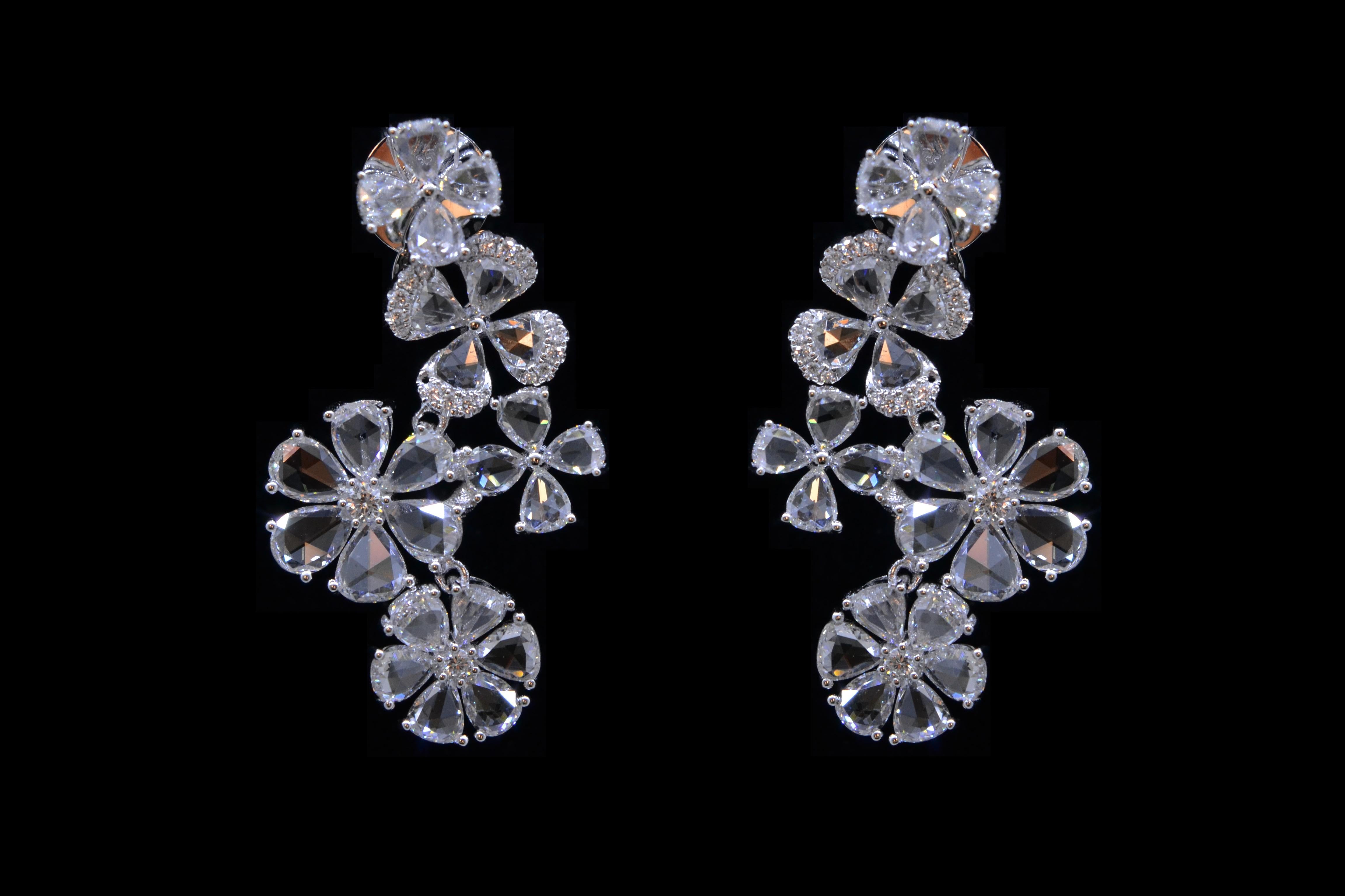 JR 7.73 Carat Rose Cut Diamond Flower 18 Karat White Gold Earring In New Condition For Sale In Hong Kong, HK