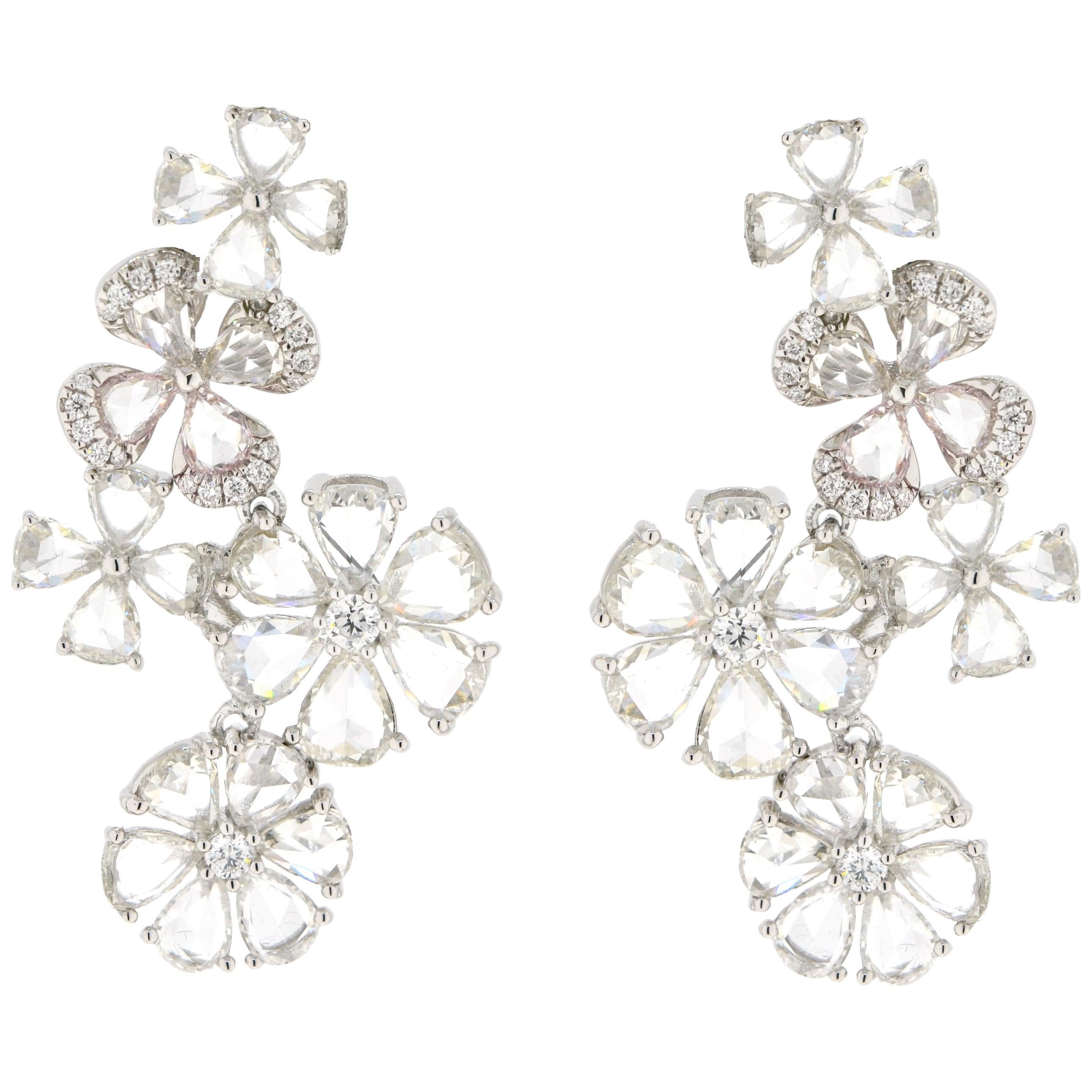 JR Boucles d'oreilles fleur en or blanc 18 carats avec diamants taille rose de 7,73 carats