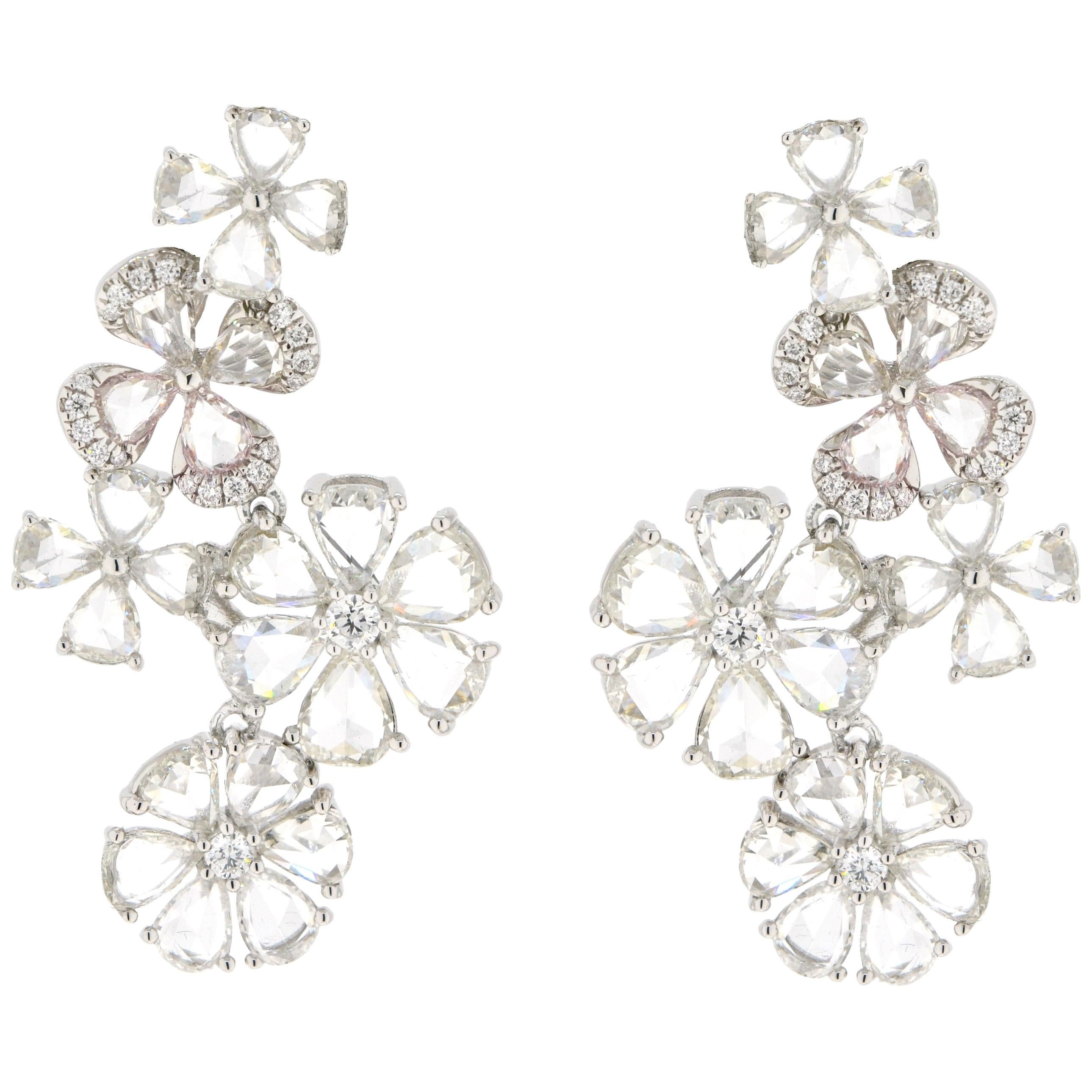JR Pendiente de oro blanco de 18 quilates con flor de diamantes talla rosa de 7,73 quilates