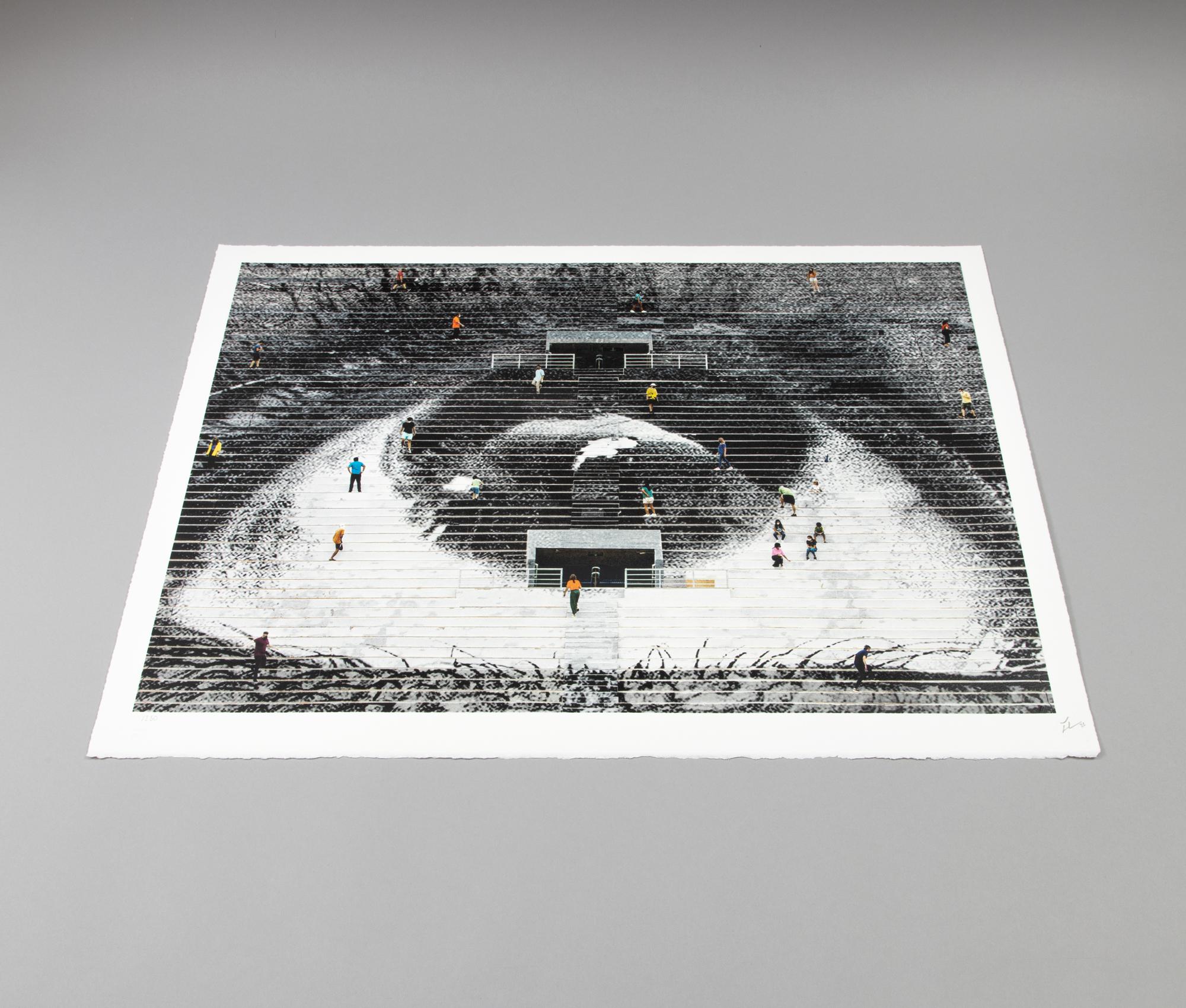 JR (French, b. 1983)
Olho, Estadio de Pacaembu, Sao Paulo, 2020, 2021
Medium: 16 colors lithograph on BFK Rives
Dimensions: 50 x 70 cm (19.7 x 29.6 in)
Edition of 250: Hand signed, numbered and stamped
Condition: Mint (unframed)