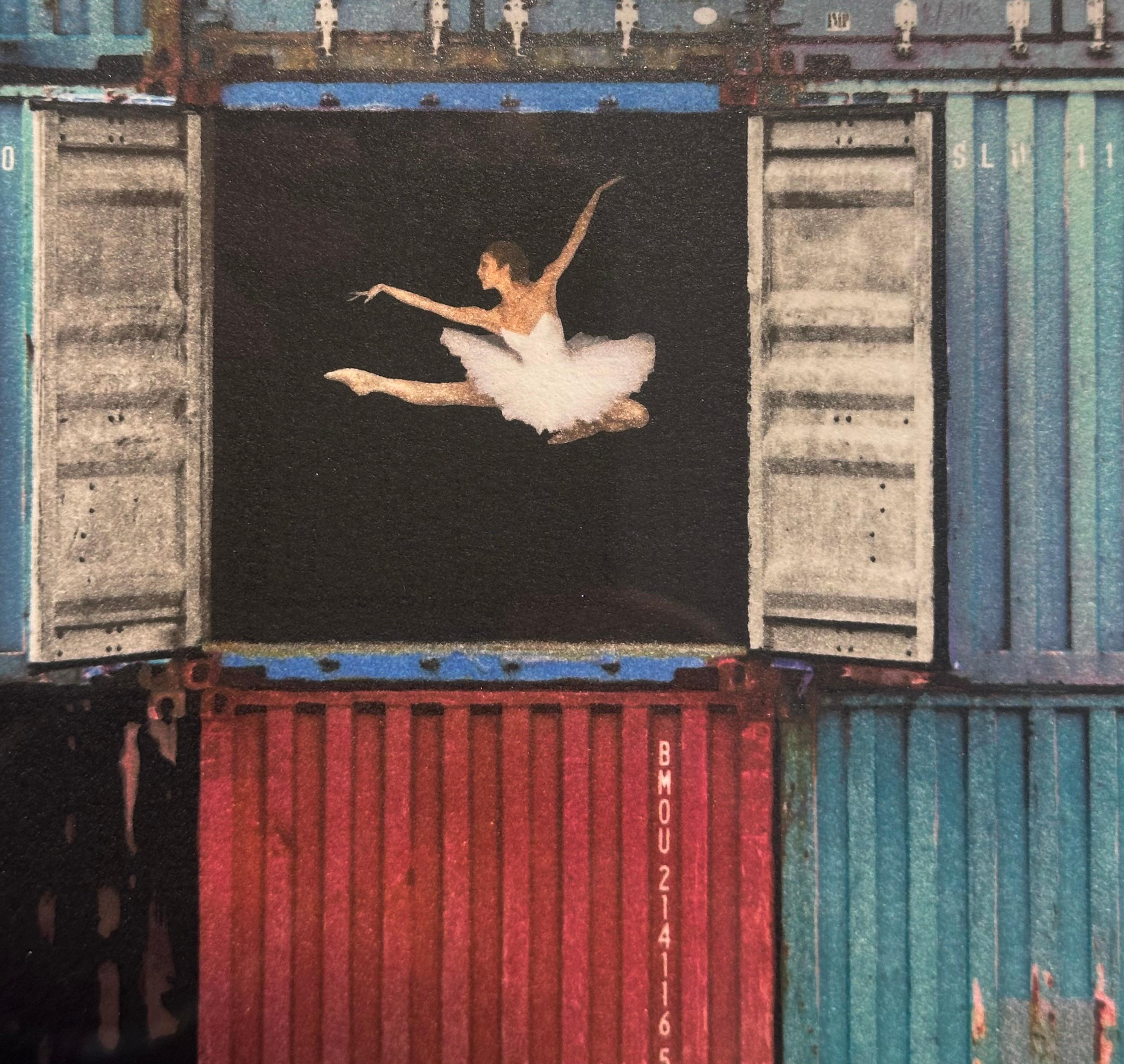 JR, The ballerina, jumping in containers, Le Havre, France, 2014 - Print by JR (aka Jean René)