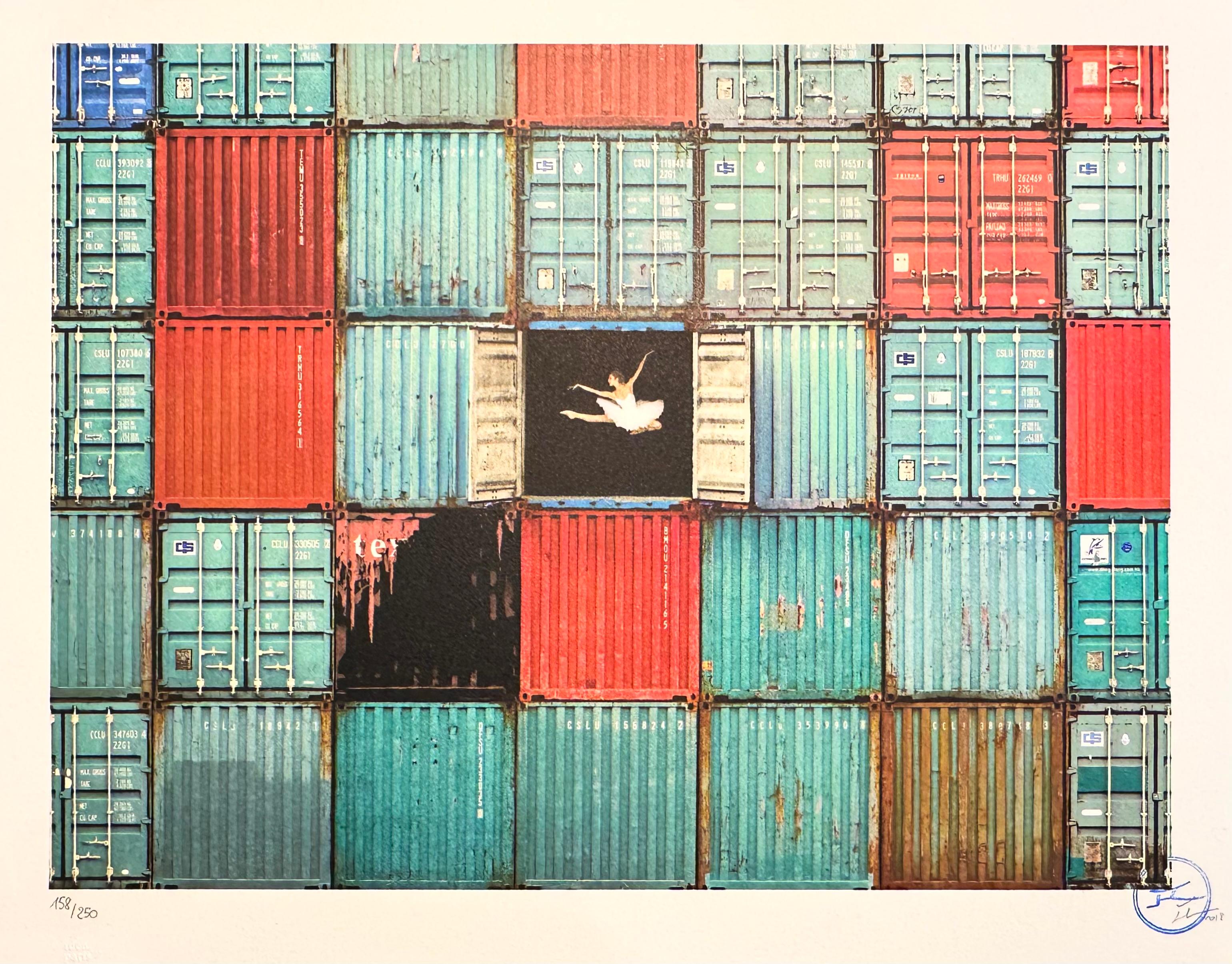 JR (aka Jean René) Figurative Print - JR, The ballerina, jumping in containers, Le Havre, France, 2014