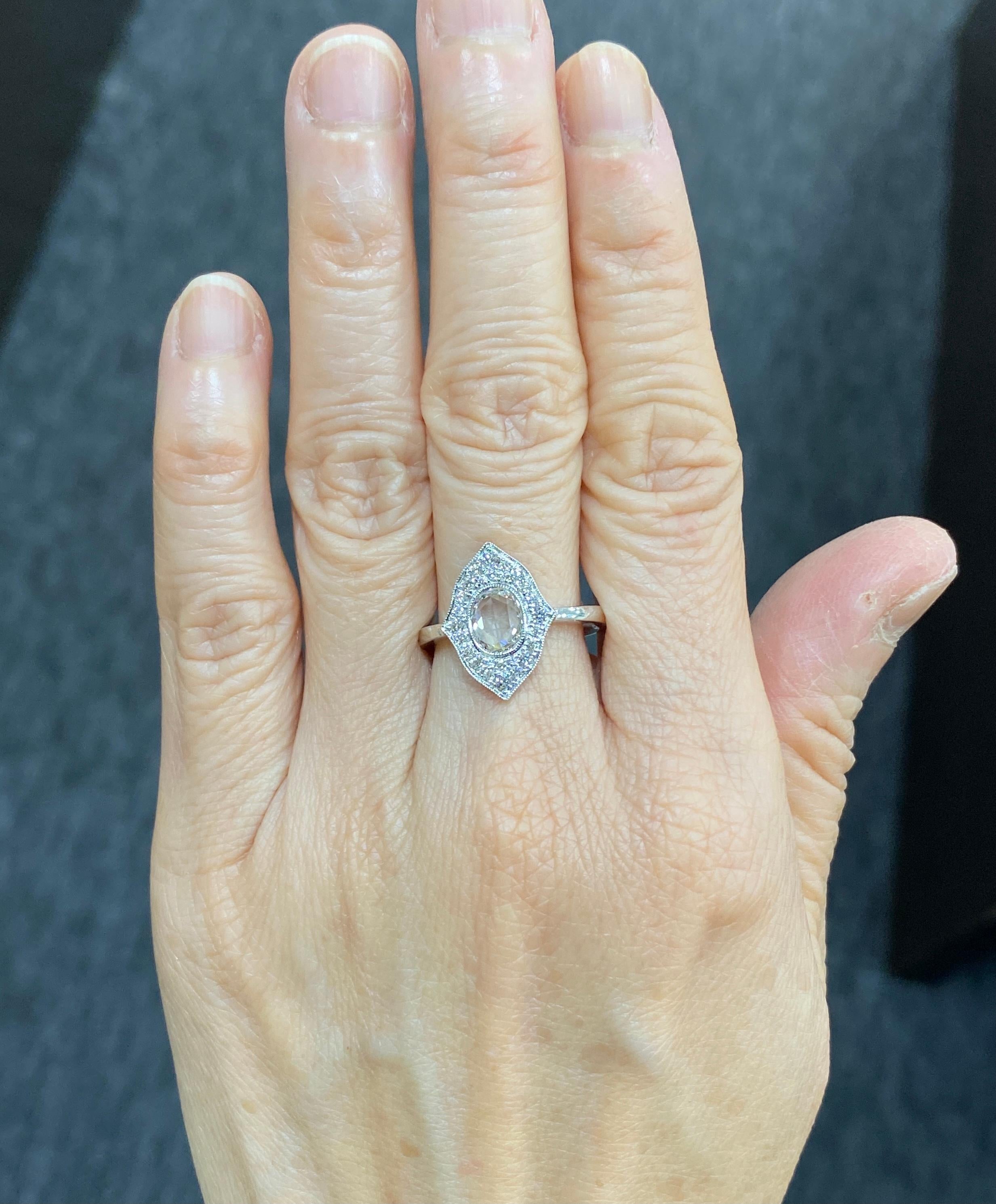 JR antique style Rose Cut Diamond 18 Karat White Gold Ring

Antique style ring with one large rose cut diamond set in 18k white gold

Ring Size Europe 54 (US 6.75) ,
Ring Size can be resize upon request.

Addition details or Video upon request.