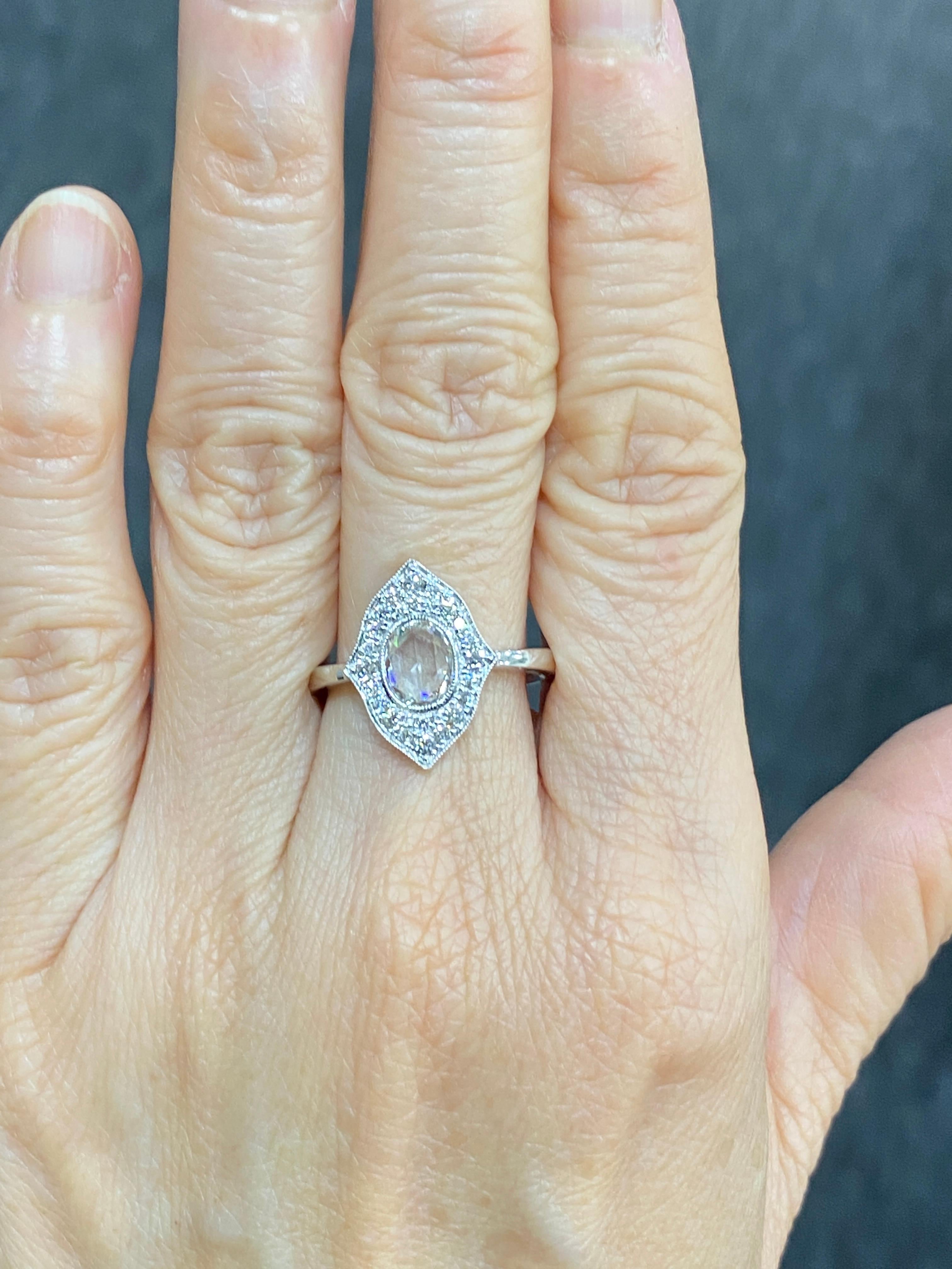 Art Deco JR Antique Style Rose Cut Diamond 18 Karat White Gold Ring For Sale