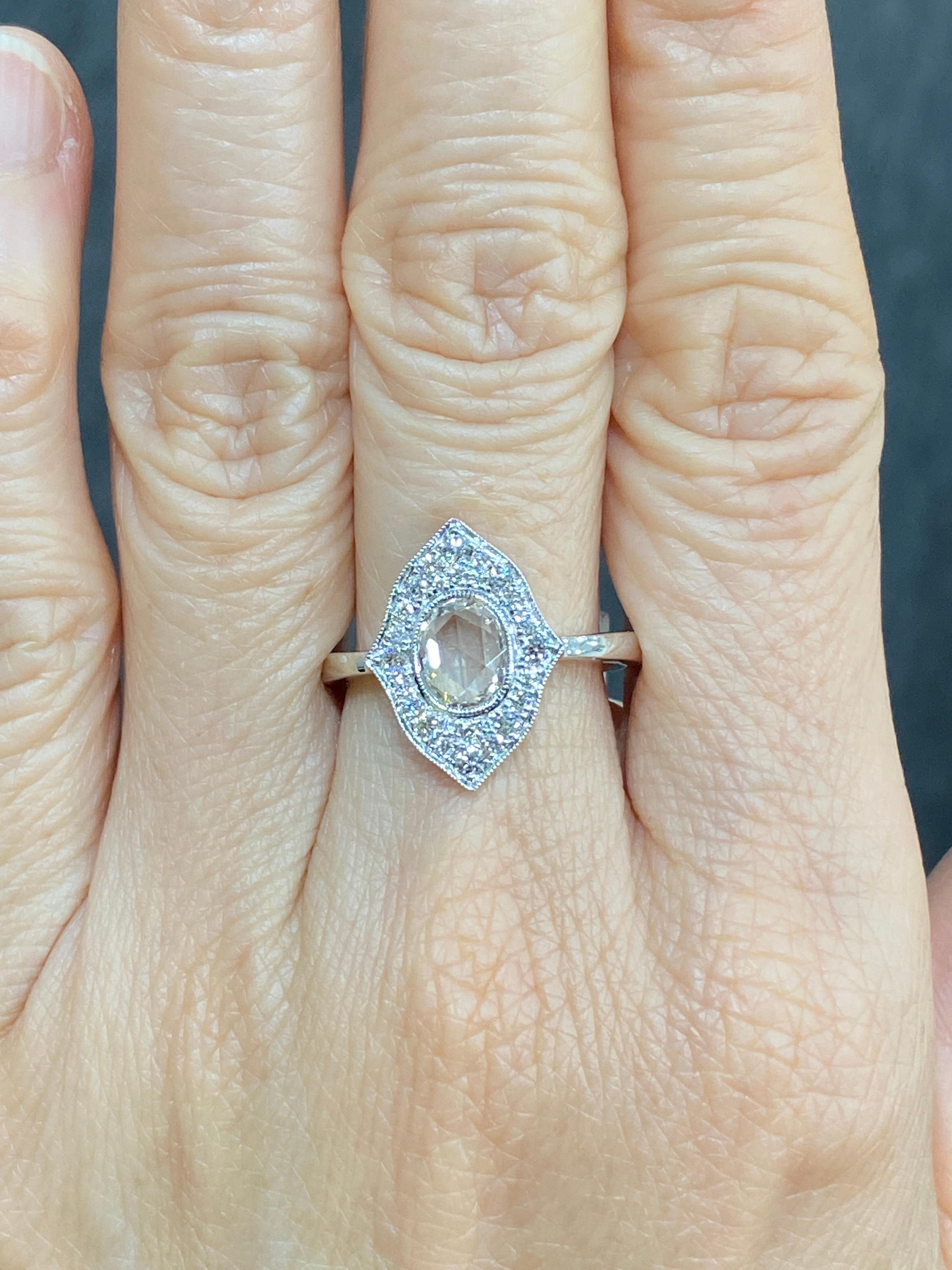 JR Antique Style Rose Cut Diamond 18 Karat White Gold Ring In New Condition For Sale In Hong Kong, HK