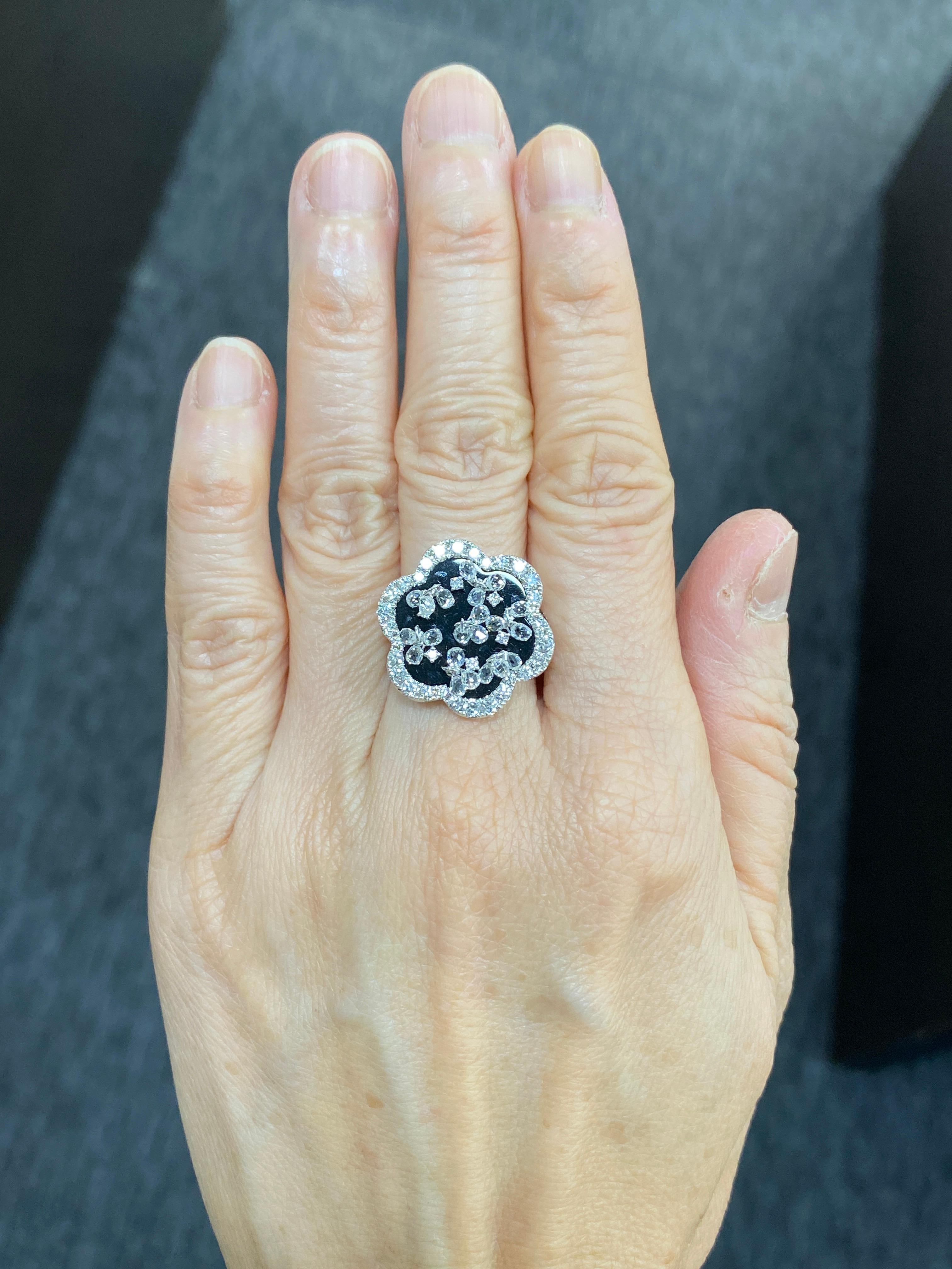 Modern JR Briolette Diamond and Onyx Flower 18 Karat White Gold Ring For Sale