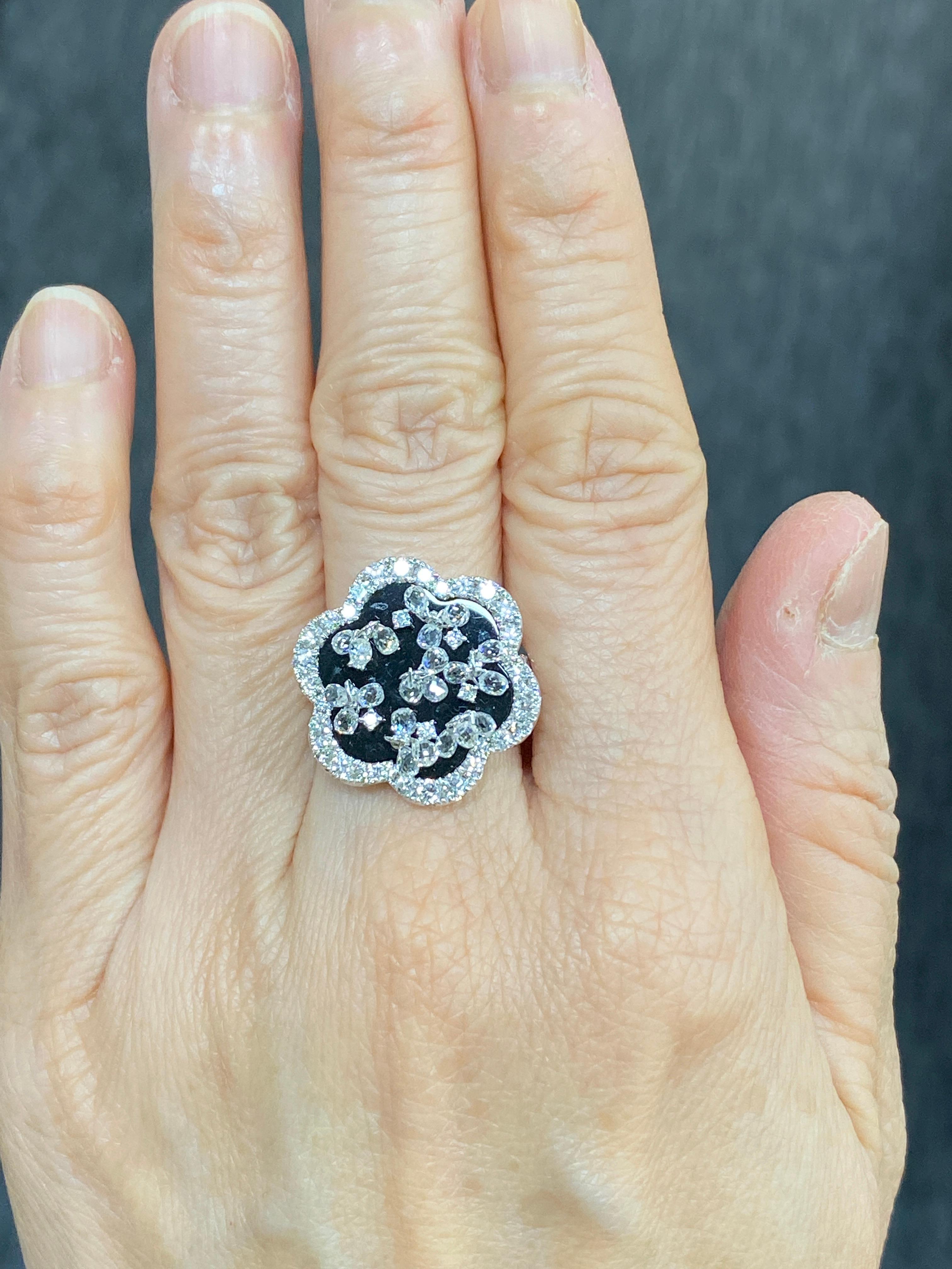 Briolette Cut JR Briolette Diamond and Onyx Flower 18 Karat White Gold Ring For Sale