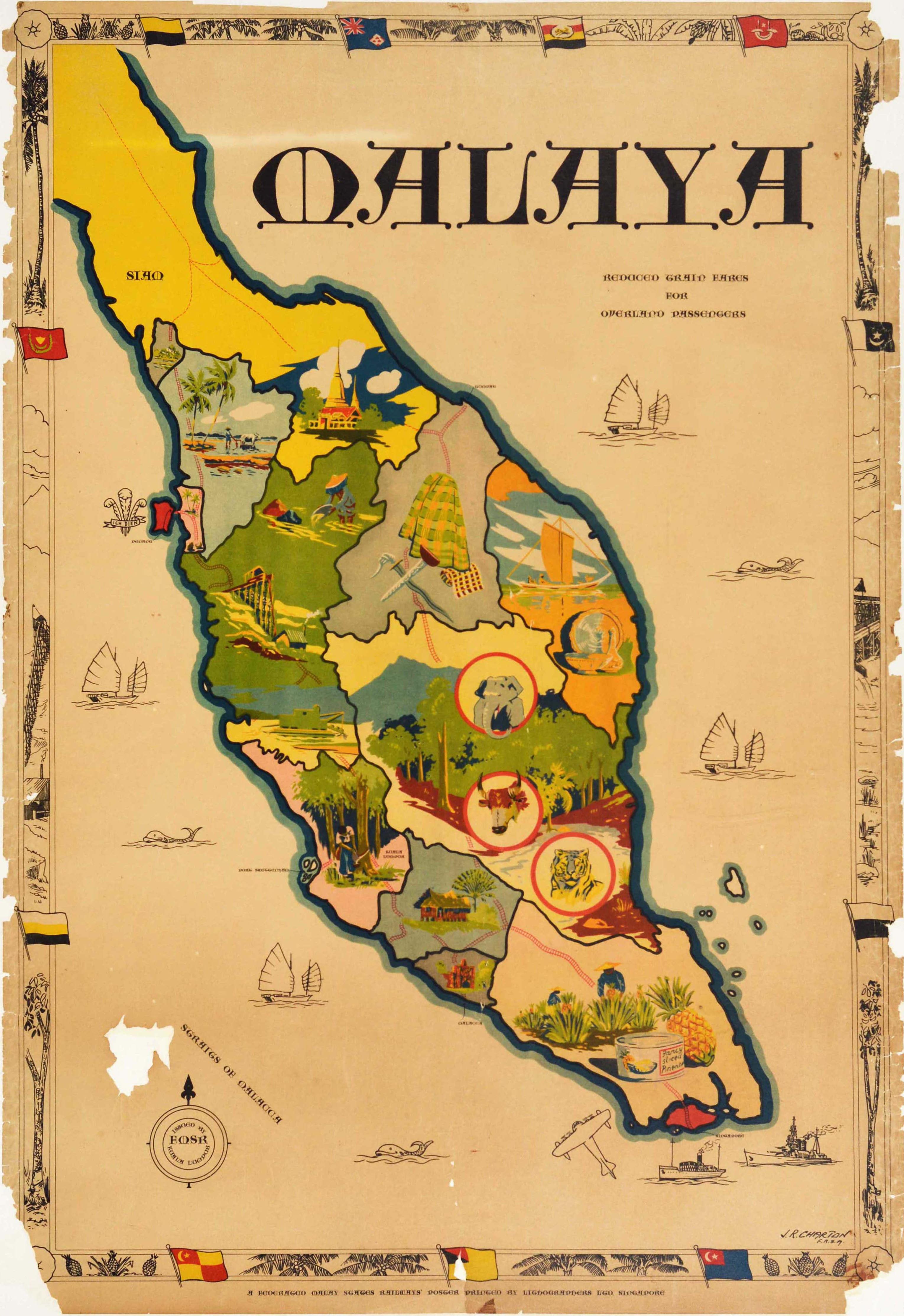 J.R. Charton Print - Original Vintage Map Poster Malaya Federated Malay States Railways Asia Travel