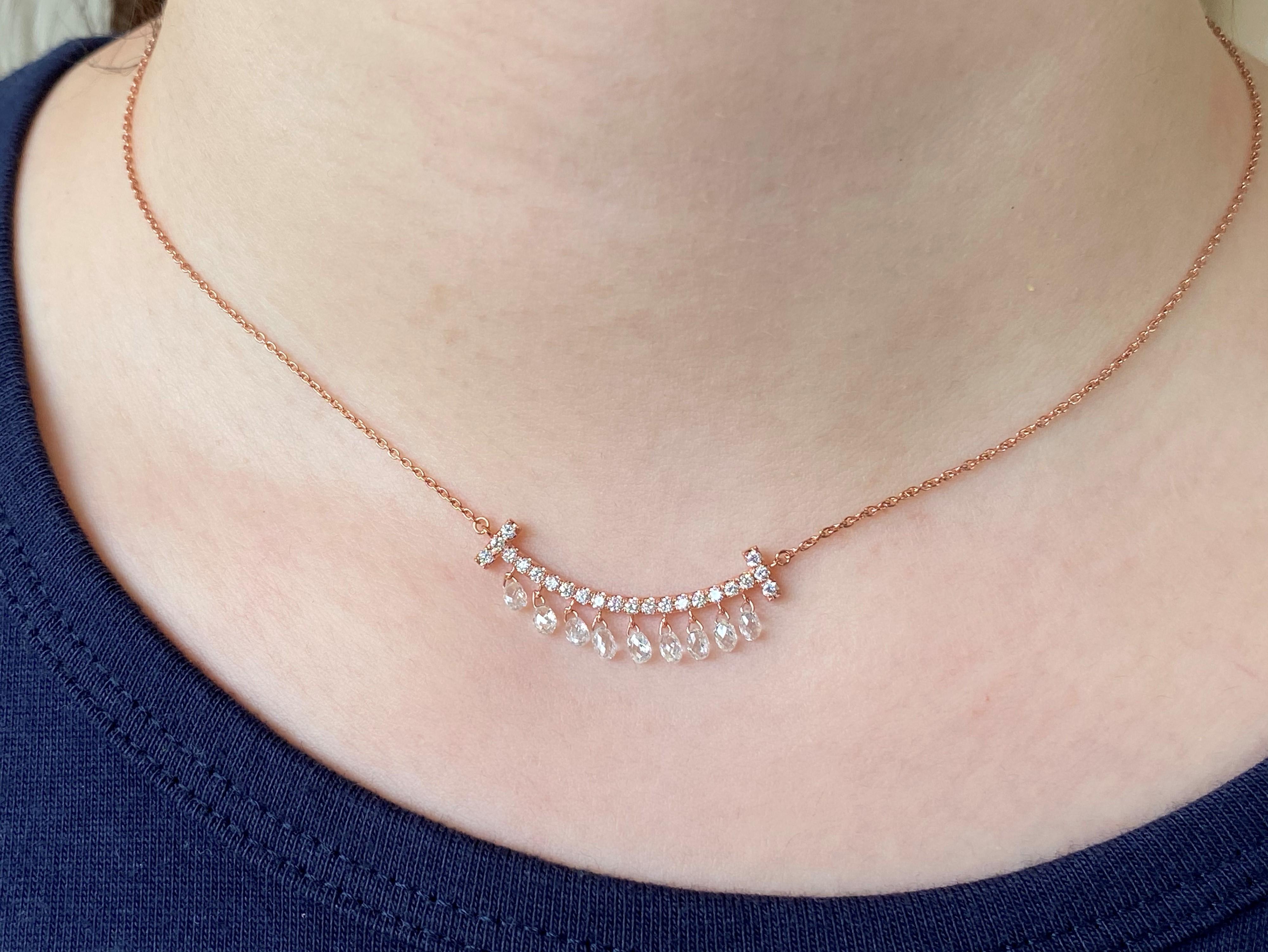 JR 1.49 carat Diamond Briolette Dangling Necklace 18 Karat Rose Gold

This contemporary piece of necklace is made with  diamond Briolette and it eludes femininity & grace.
Diamond Briolette Dangling Choker has slider ball to adjust the length from