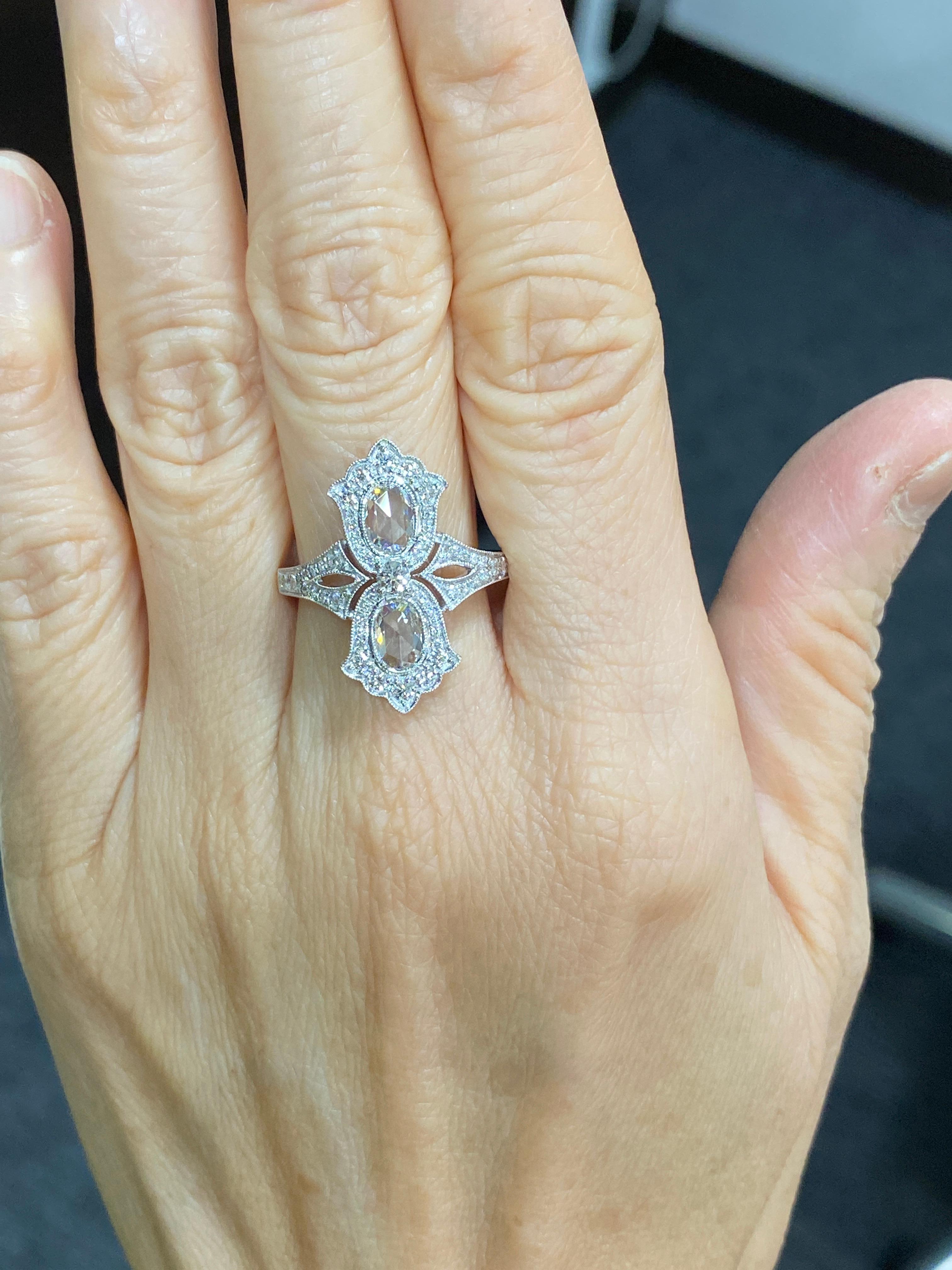 Art Deco JR Double Rose Cut Diamond 18 Karat White Gold Ring For Sale