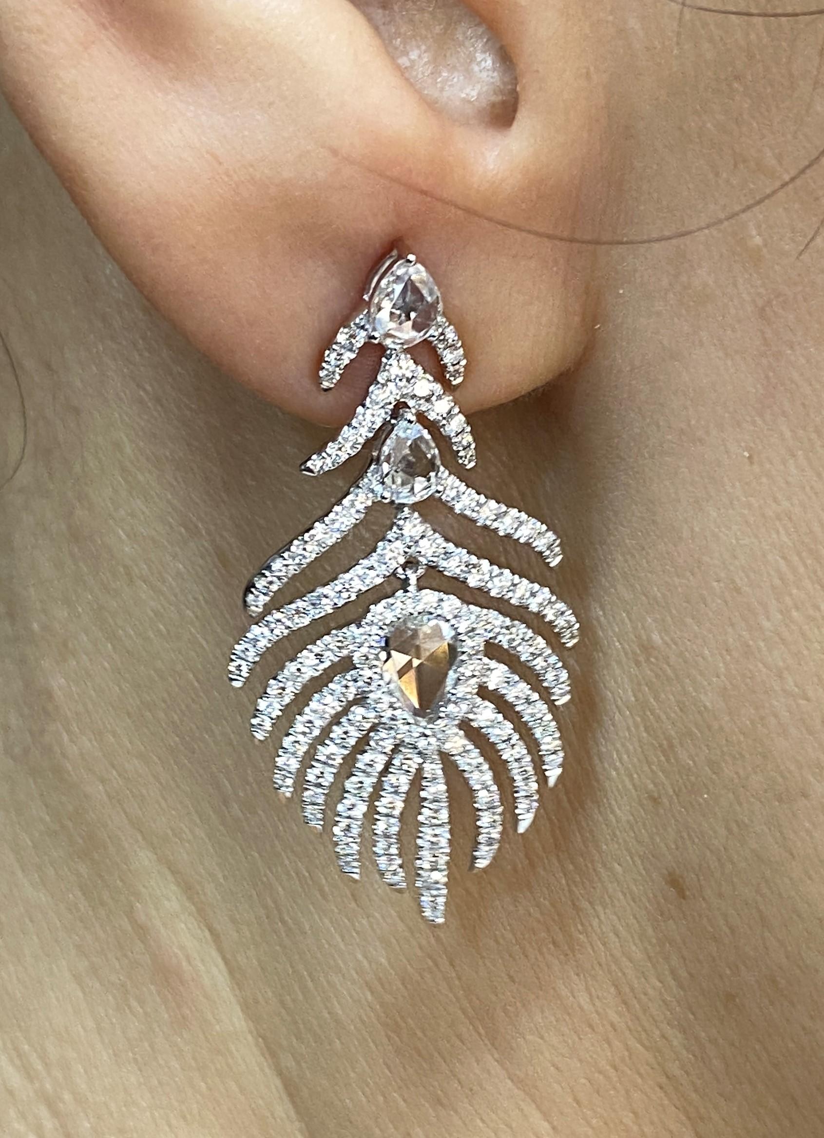 Rose Cut JR Peacock Feather 18 Karat White Gold Earring For Sale