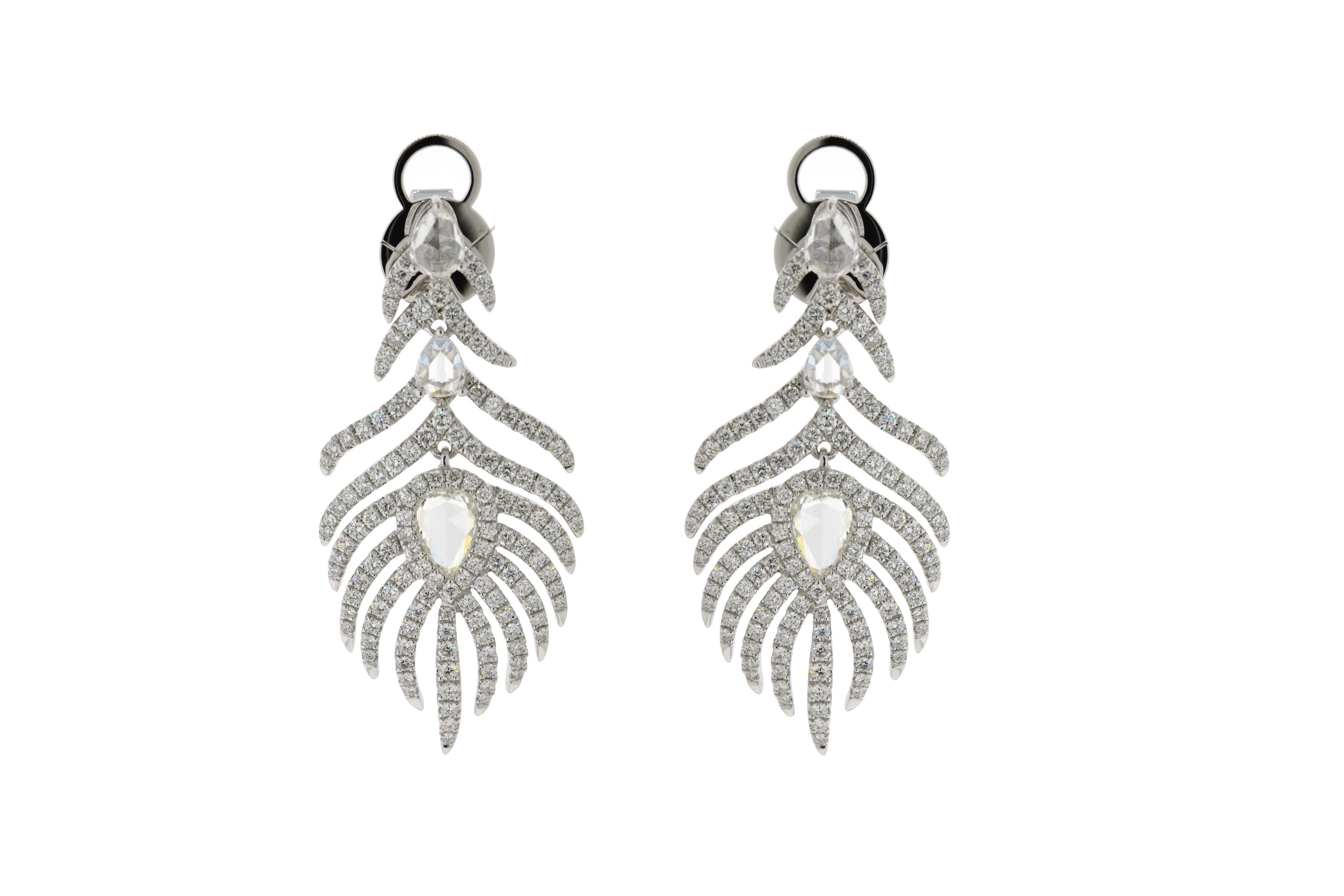 Rose Cut JR Peacock Feather 18 Karat White Gold Earring For Sale