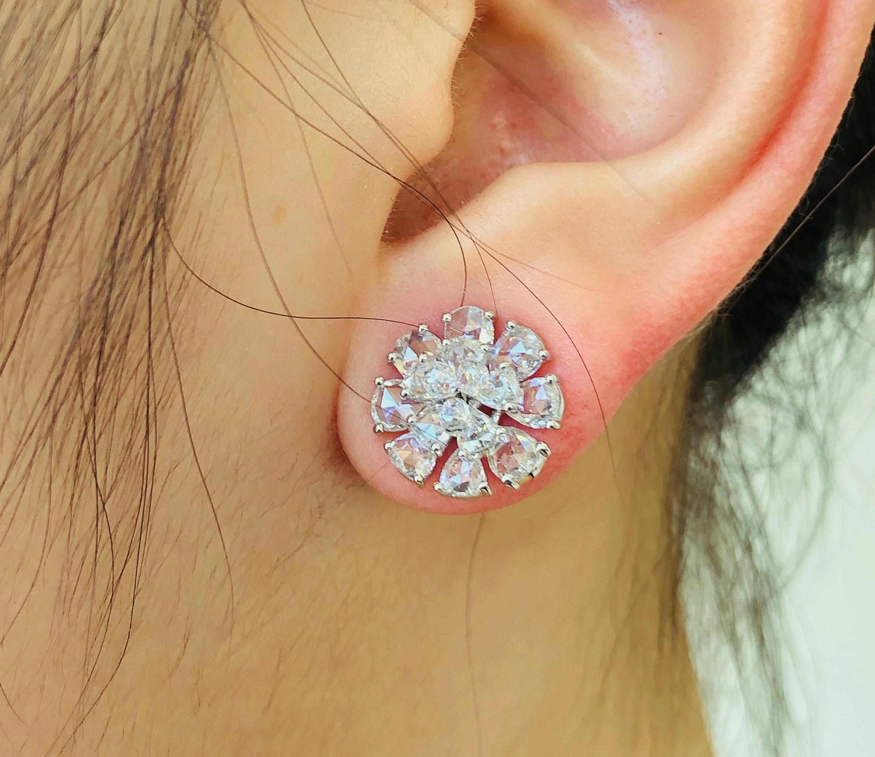 Women's JR Rose Cut Briolette Diamond Flower 18 Karat White Gold Earring For Sale