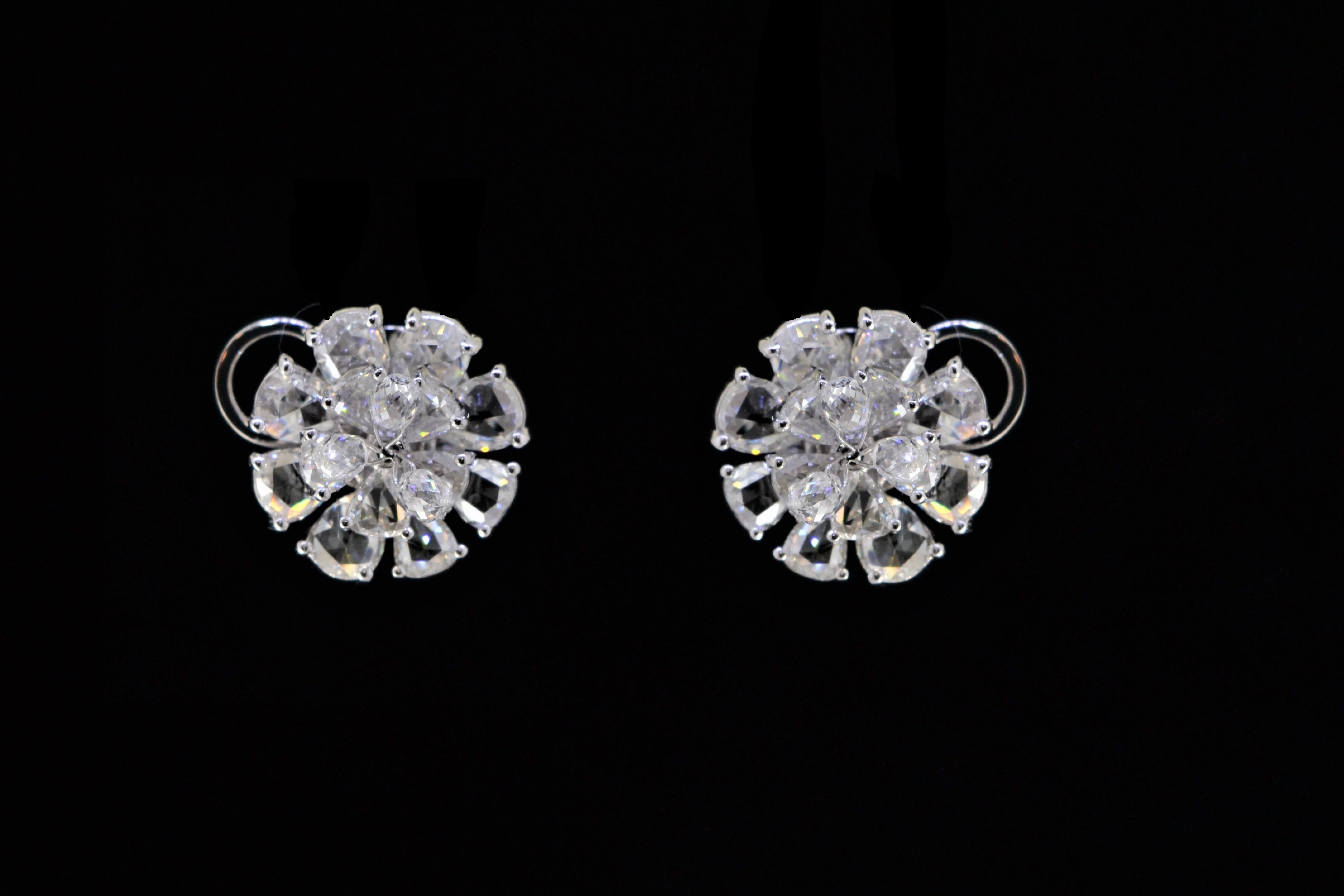 JR Rose Cut Briolette Diamond Flower 18 Karat White Gold Earring For Sale 1