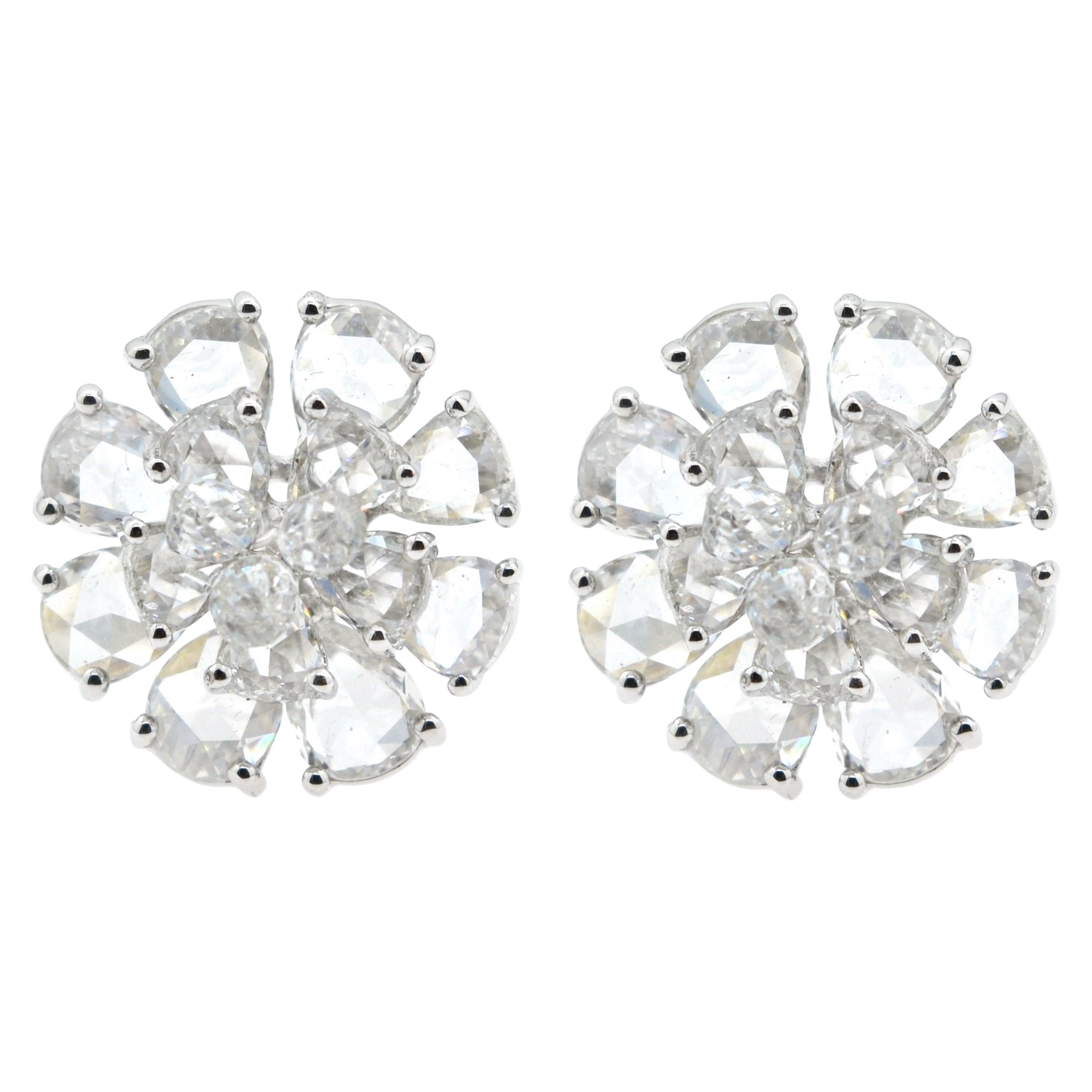 JR Rose Cut Briolette Diamond Flower 18 Karat White Gold Earring For Sale