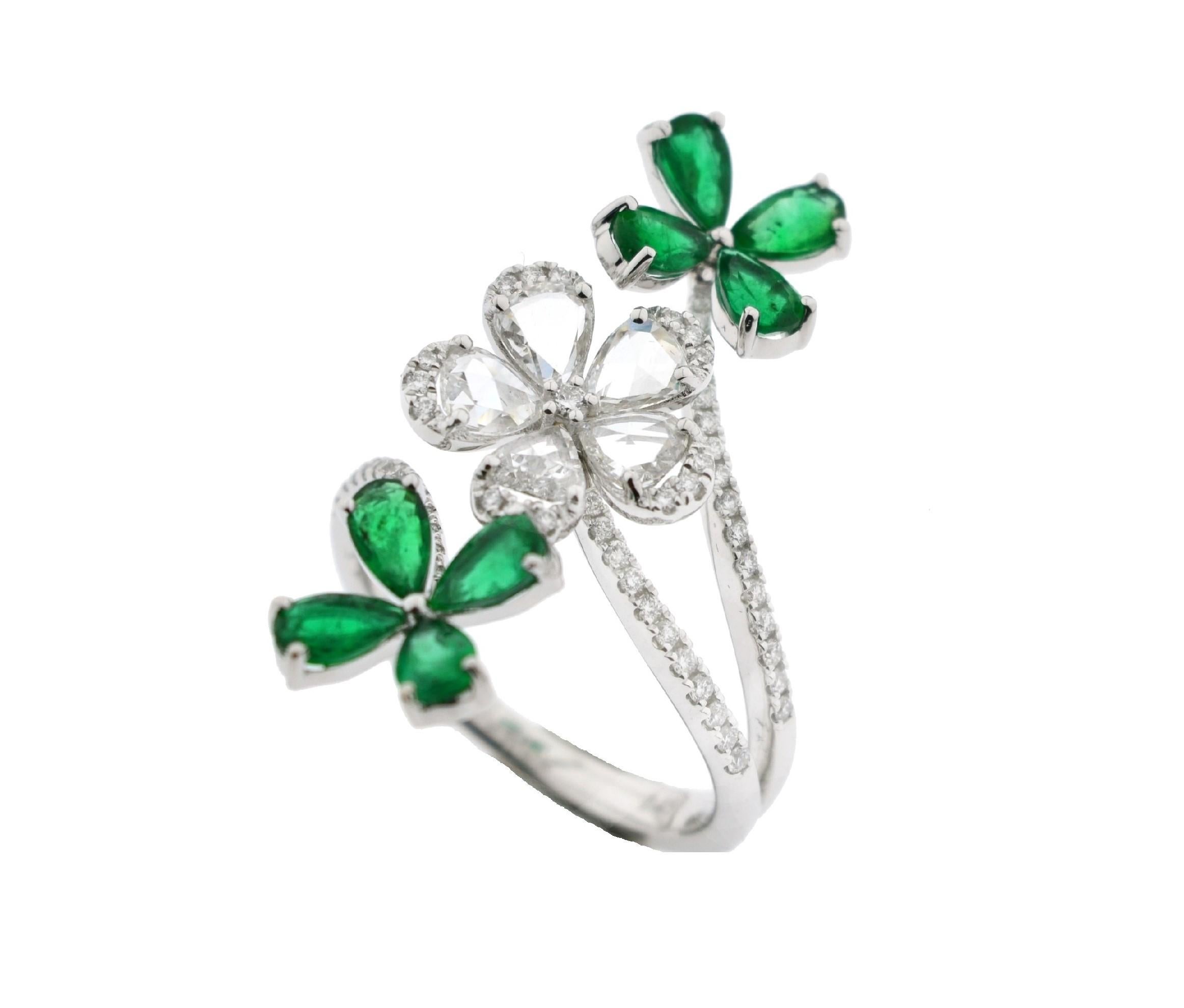 Modern JR Rose Cut Diamond and Emerald Flower 18 Karat White Gold Ring For Sale
