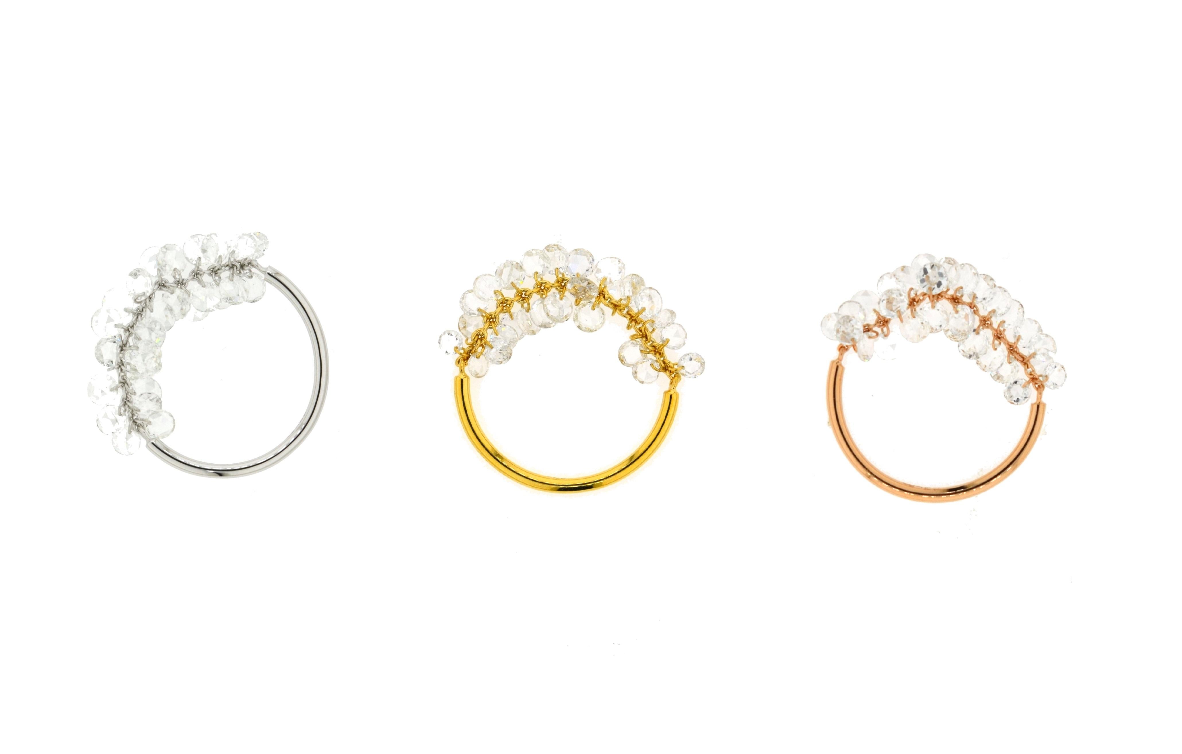 Women's JR Rose Cut Diamond Dangling Ring 18 Karat White Gold For Sale