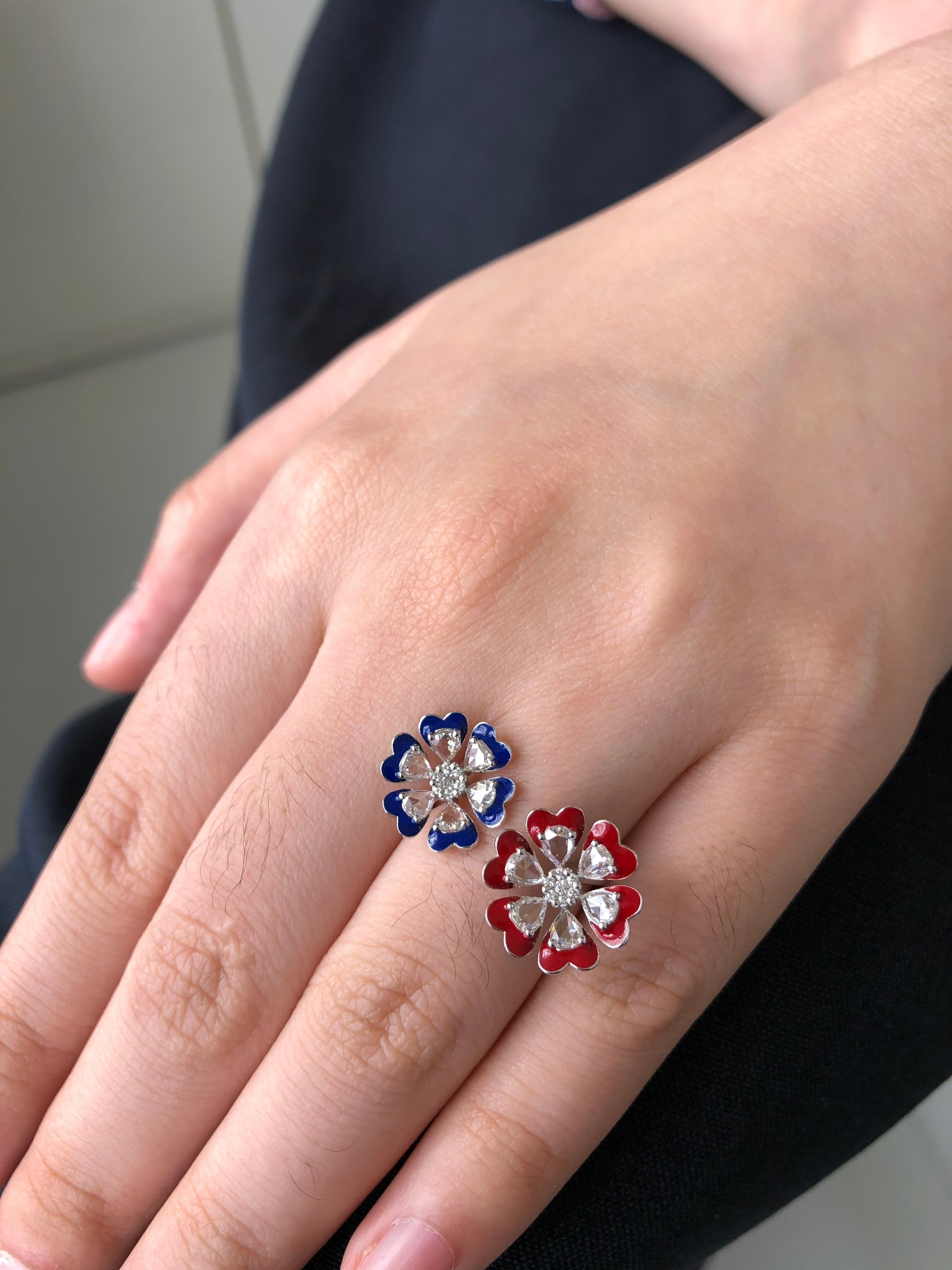JR Rose Cut Diamond Flower Enamel 18 Karat White Gold Ring In New Condition In Hong Kong, HK