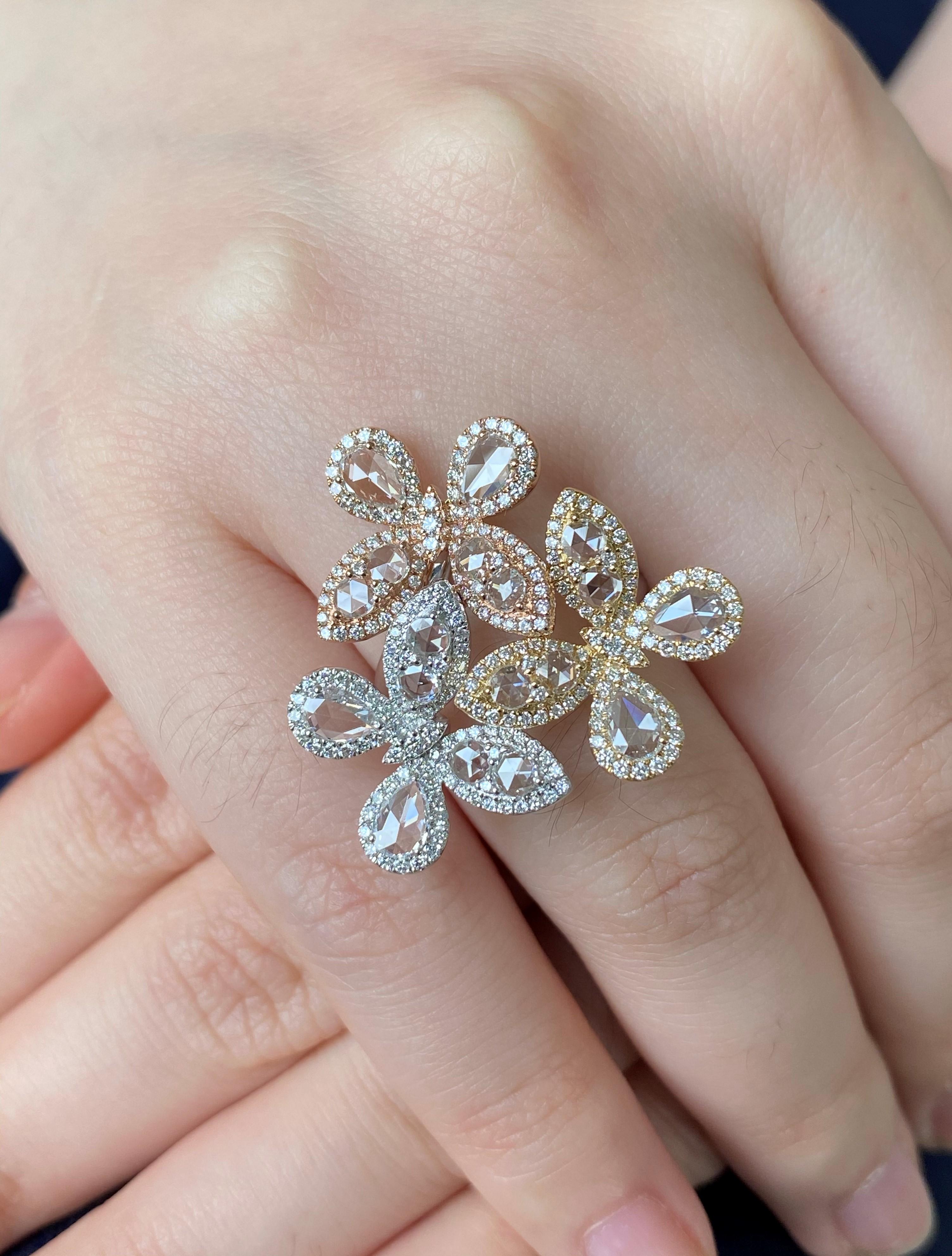 JR Rose Cut Diamond Triple Flower 18 Karat Gold Ring

Our opulent and eccentric Triple flower diamond ring is an absolute show-stopper. The three color gold in it enhances it's look by many folds. 

Ring Size Europe 54 (US 6.75) ,
Ring Size can be