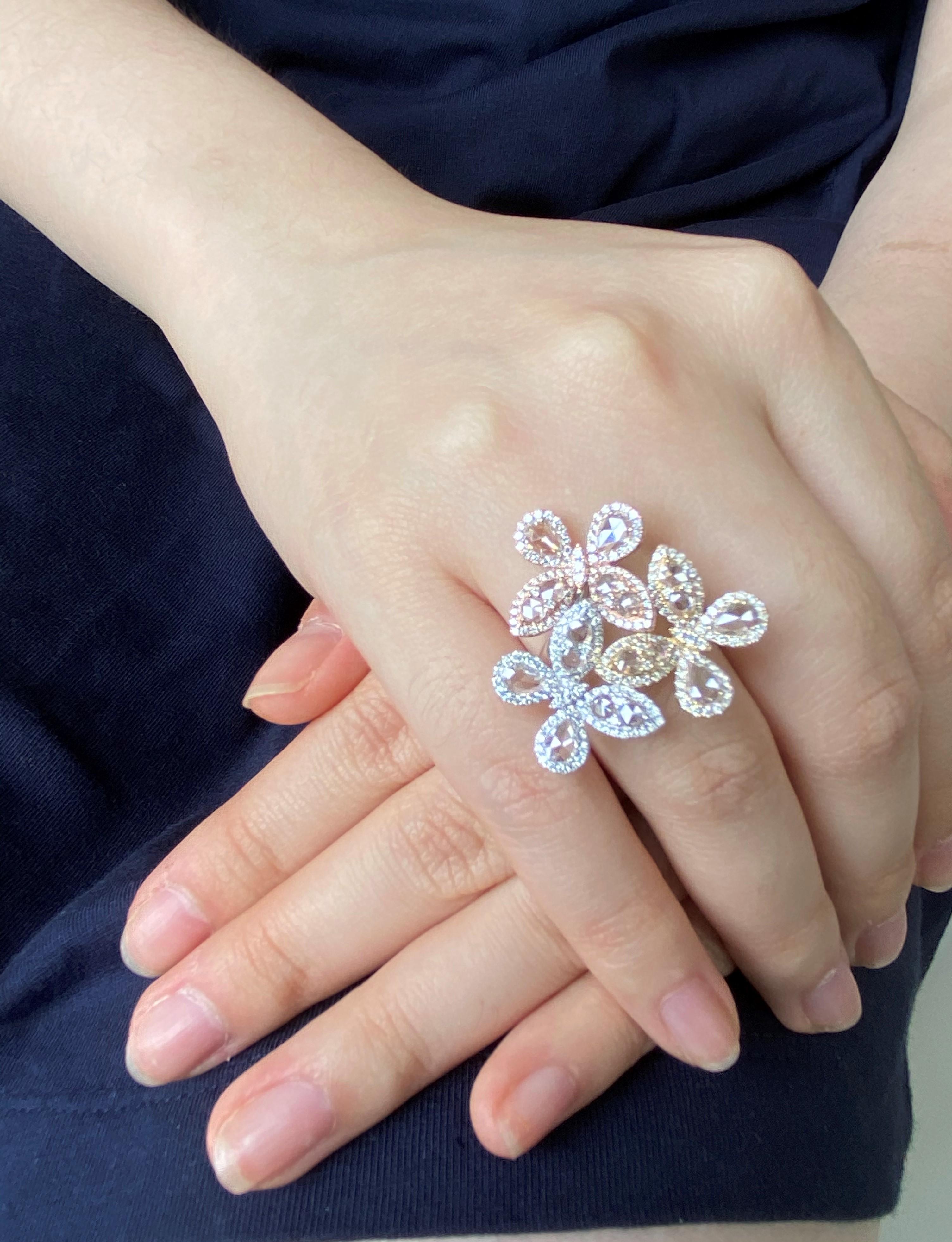 Modern JR Rose Cut Diamond Triple Flower 18 Karat Gold Ring For Sale