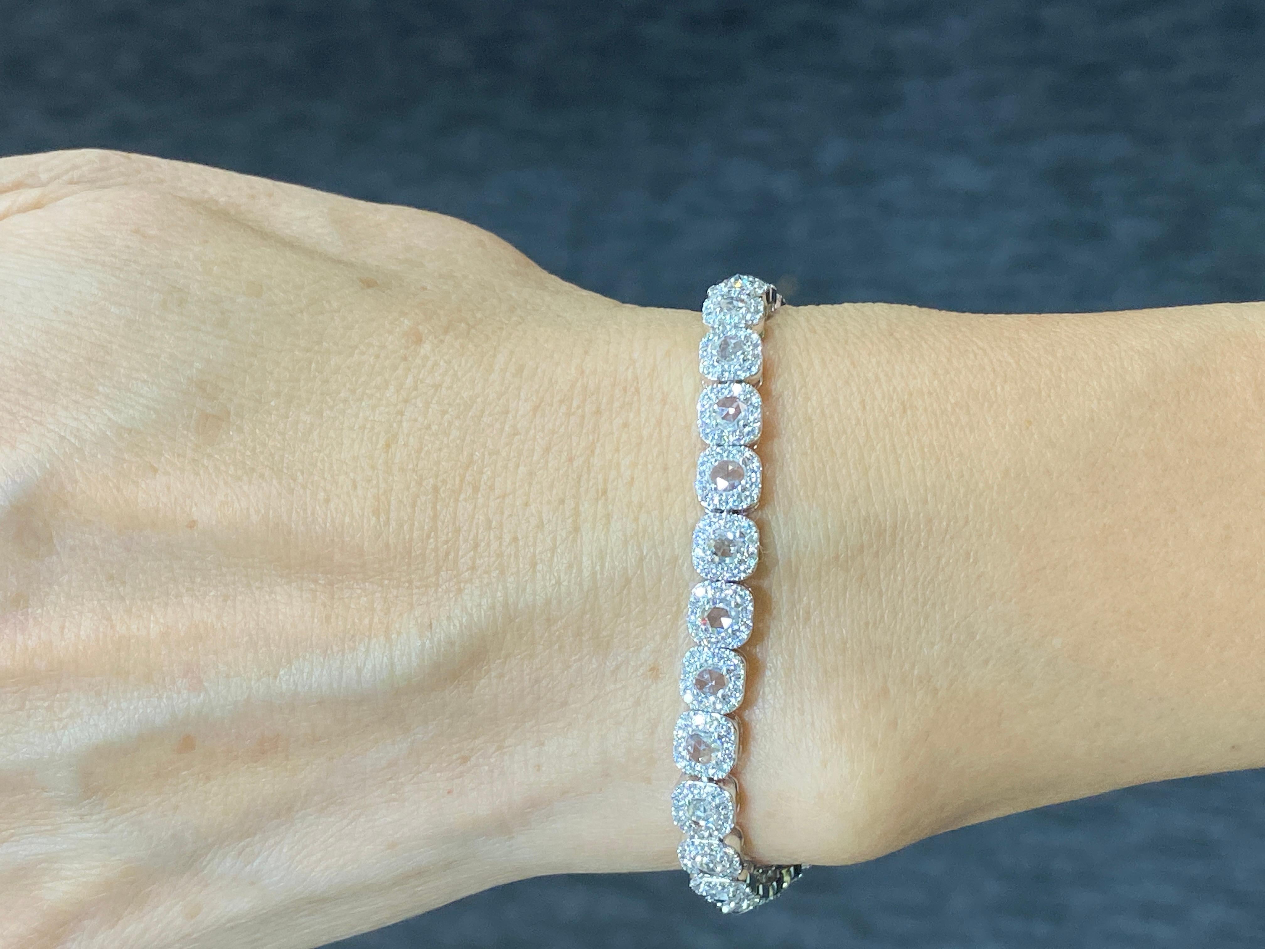 Modern JR Rose Cut & Round Diamond 18 Karat White Gold Tennis Bracelet For Sale