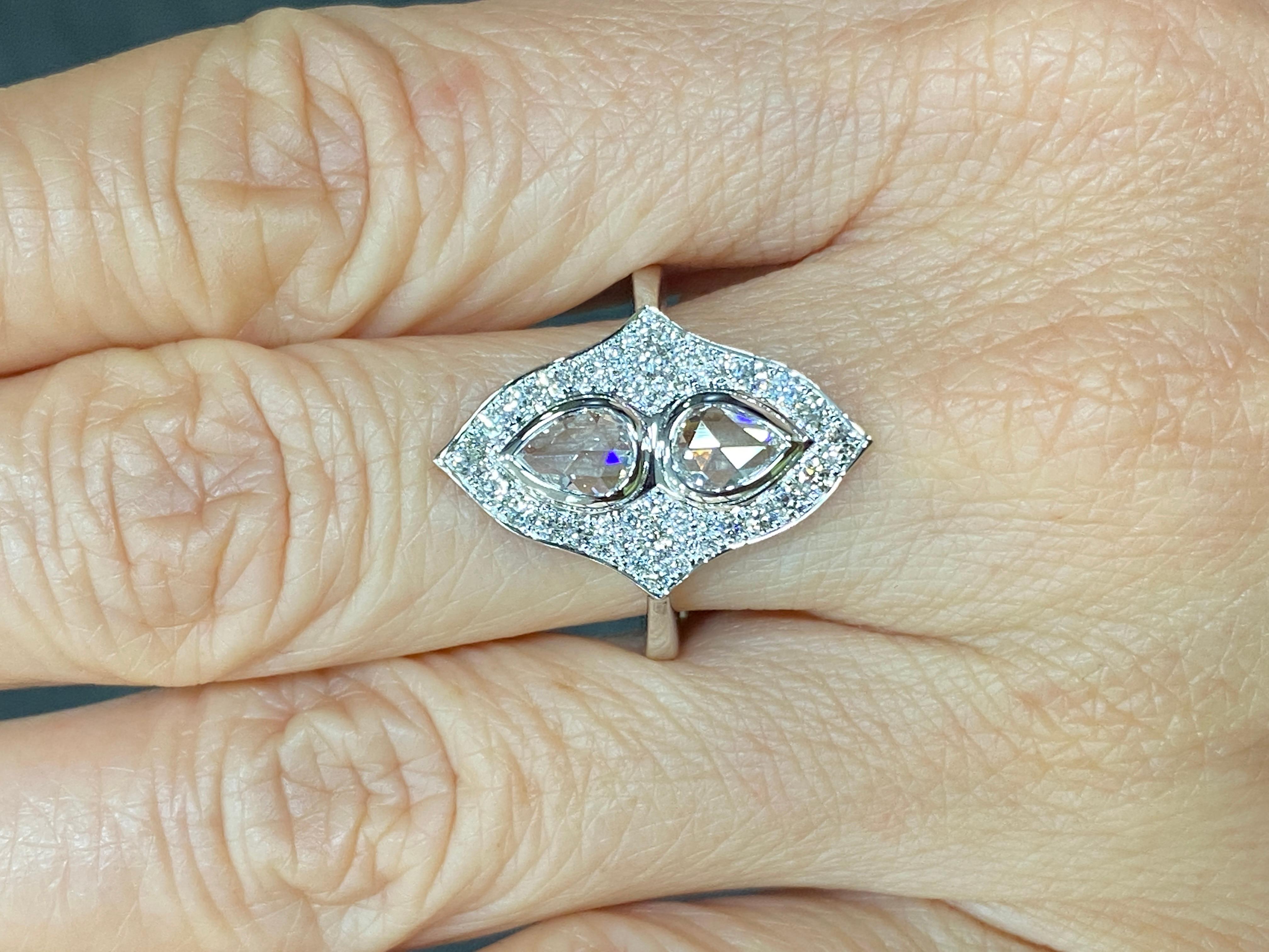 JR Toi et Moi Rose Cut Diamond 18 Karat White Gold Ring

Toi et moi ring with two large rose cut diamond set in 18k white gold

Ring Size Europe 54 (US 6.75) ,
Ring Size can be resize upon request.

Addition details or Video upon request.
