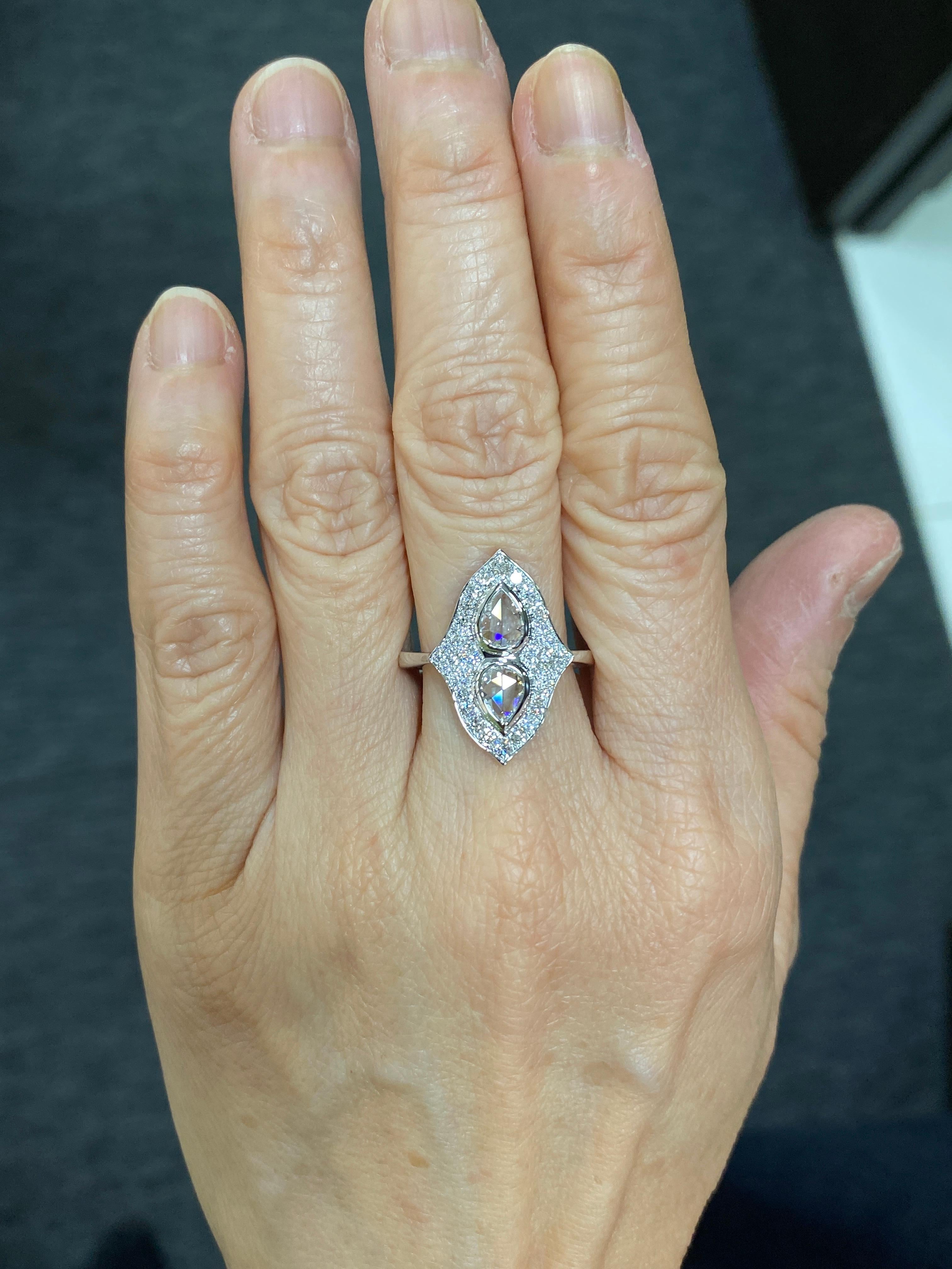 Art Deco JR Toi Et Moi Rose Cut Diamond 18 Karat White Gold Ring For Sale