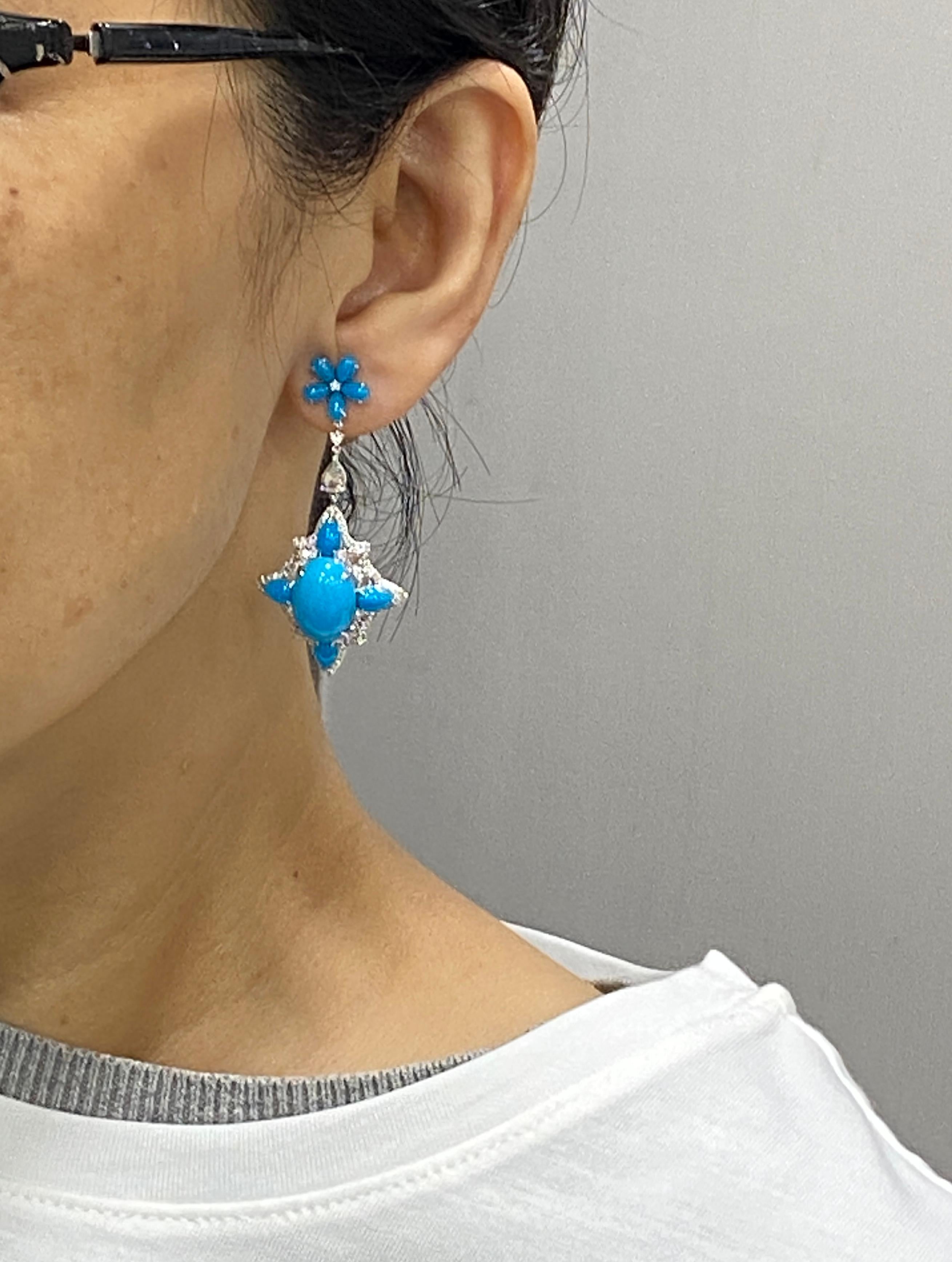 Contemporain JR Boucles d'oreilles en or blanc 18 carats avec turquoise et taille rose en vente