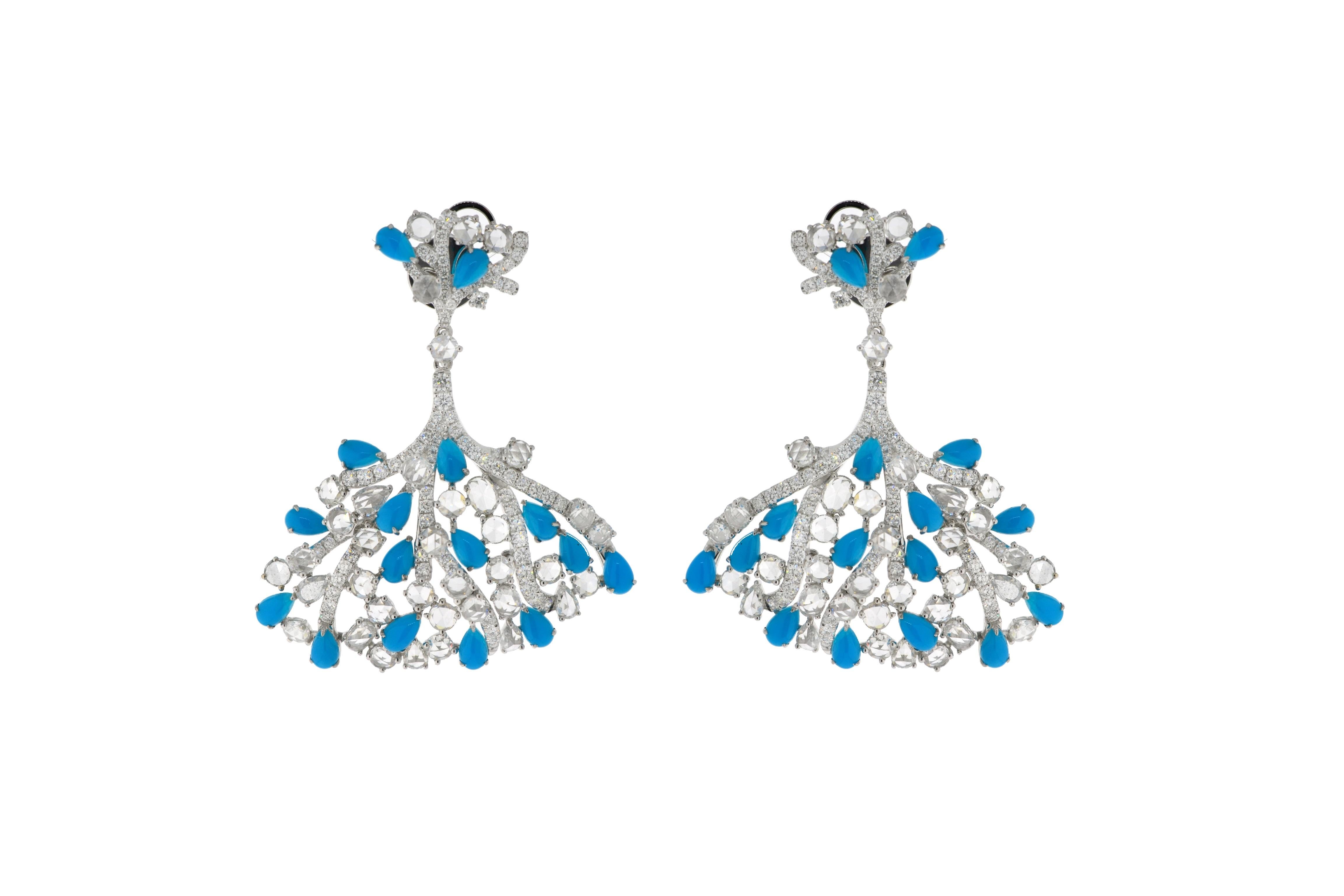 JR Turquoise and Rose Cut 18 Karat White Gold Earring In New Condition For Sale In Hong Kong, HK