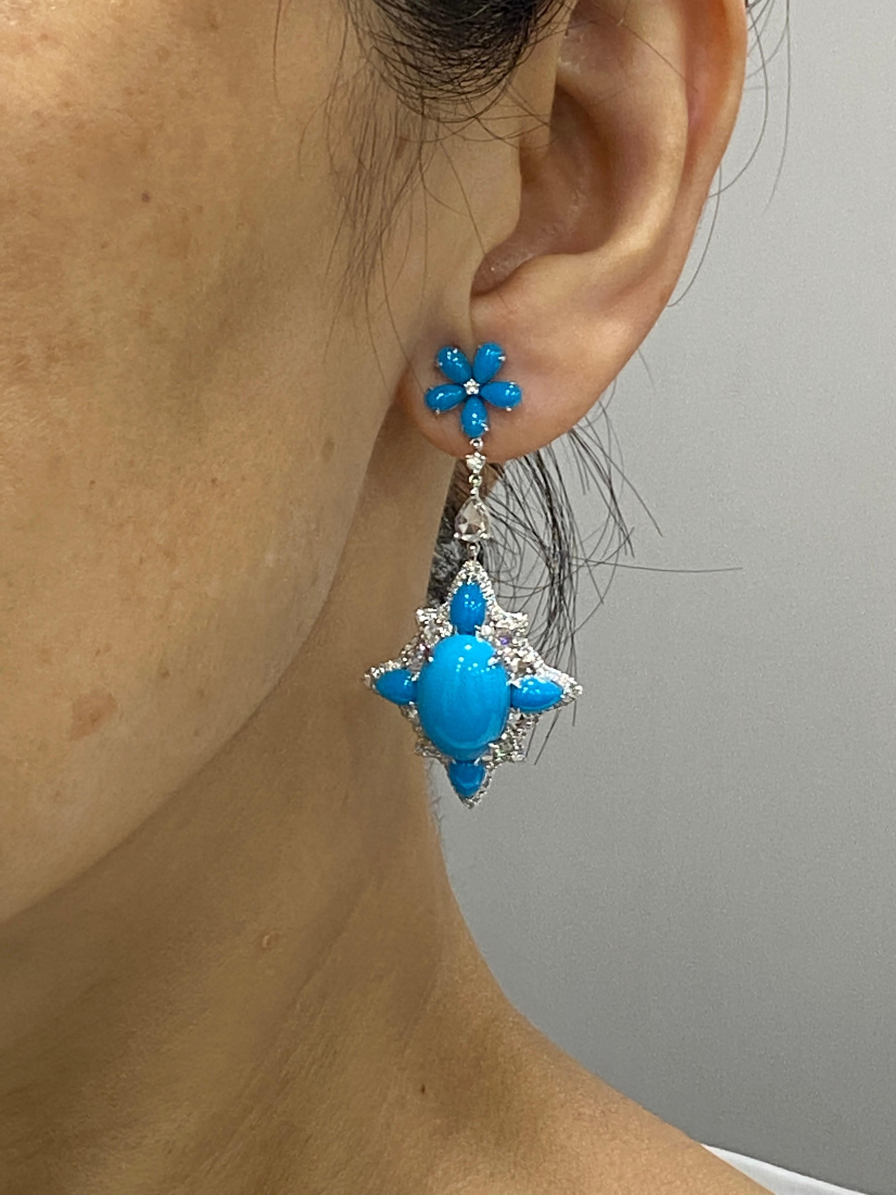 Taille rose JR Boucles d'oreilles en or blanc 18 carats avec turquoise et taille rose en vente