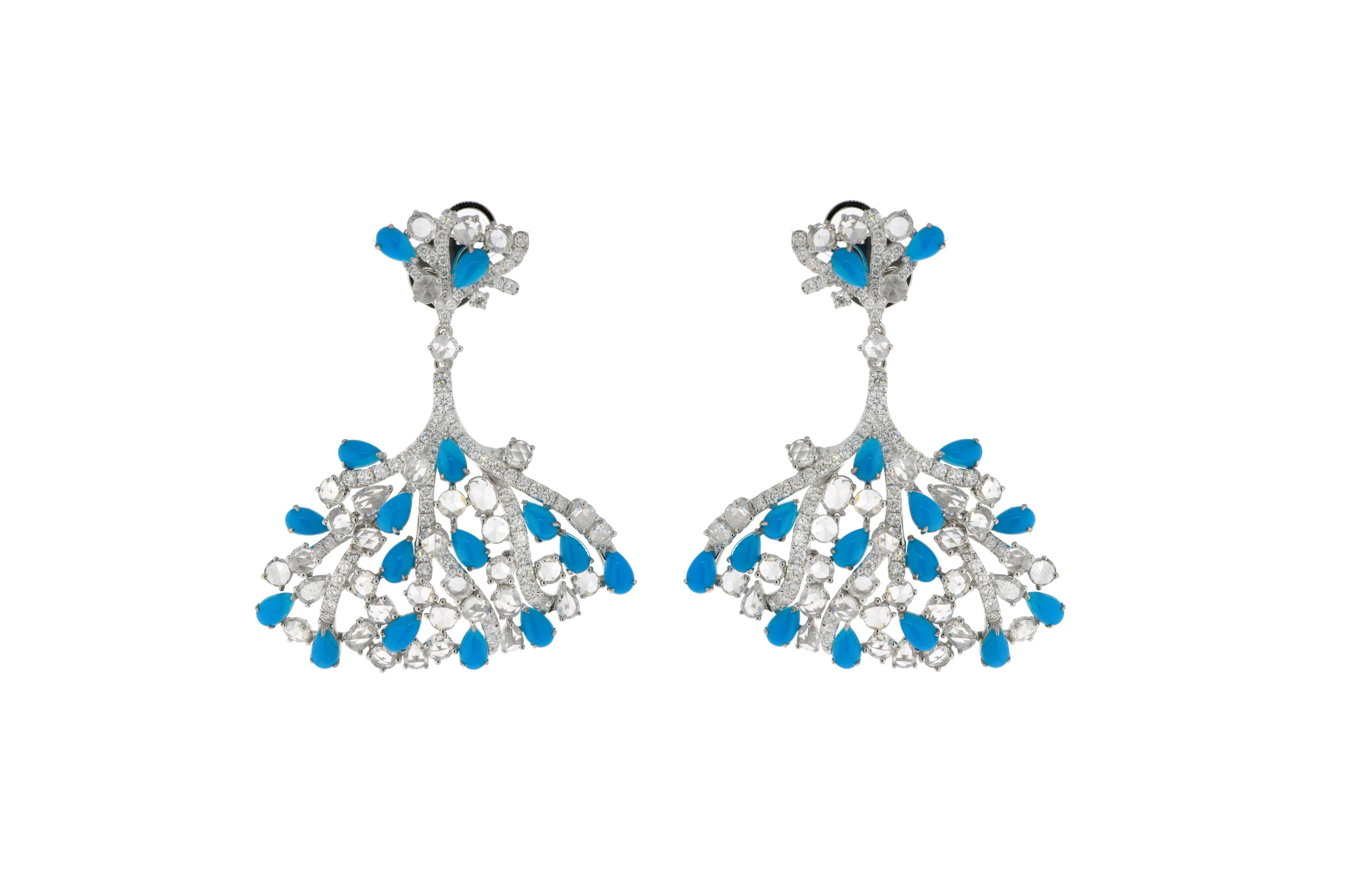 Taille rose JR, boucles d'oreilles en or blanc 18 carats, turquoise et taille rose en vente