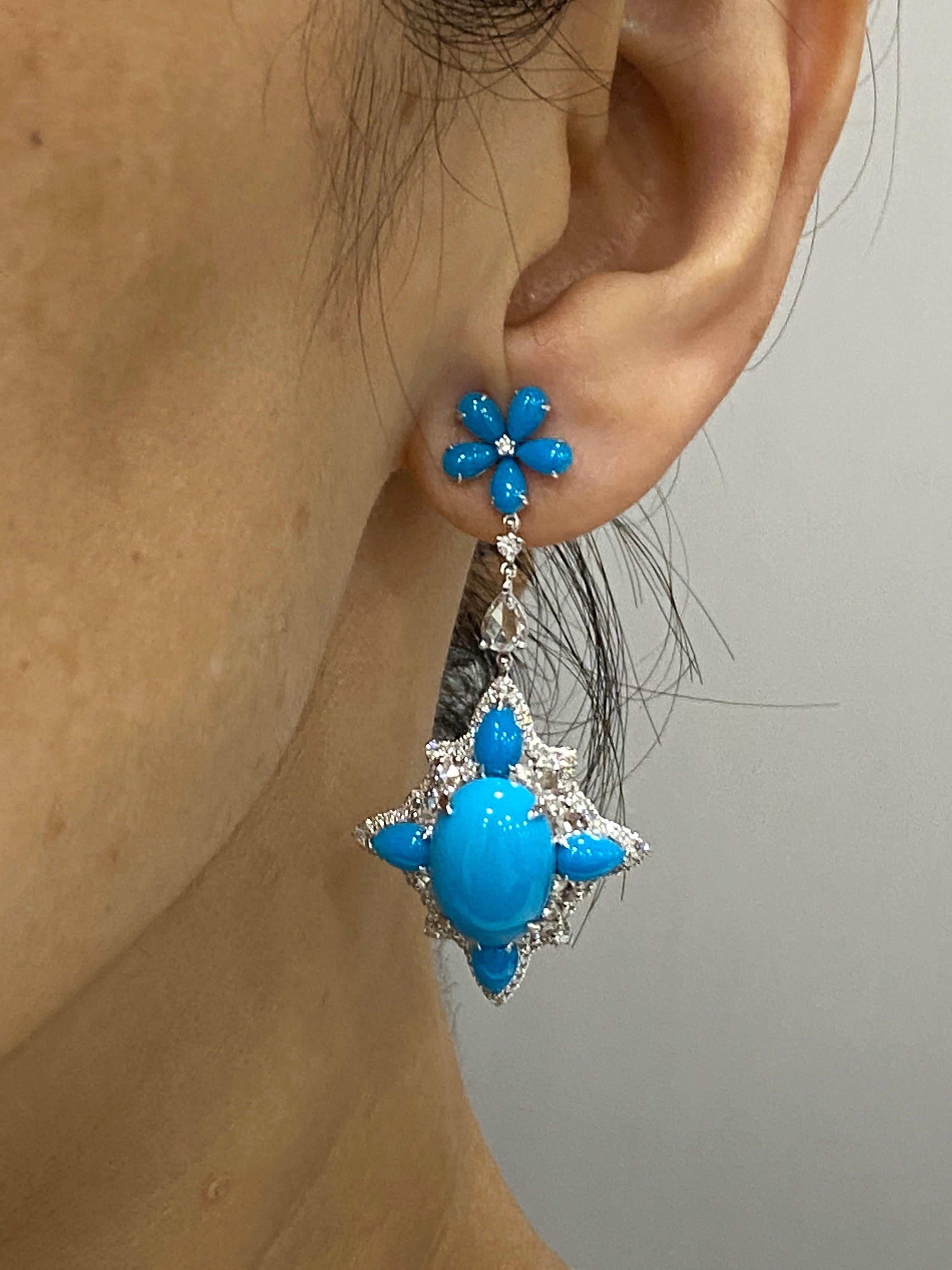 Women's JR Turquoise and Rose Cut 18 Karat White Gold Earring For Sale
