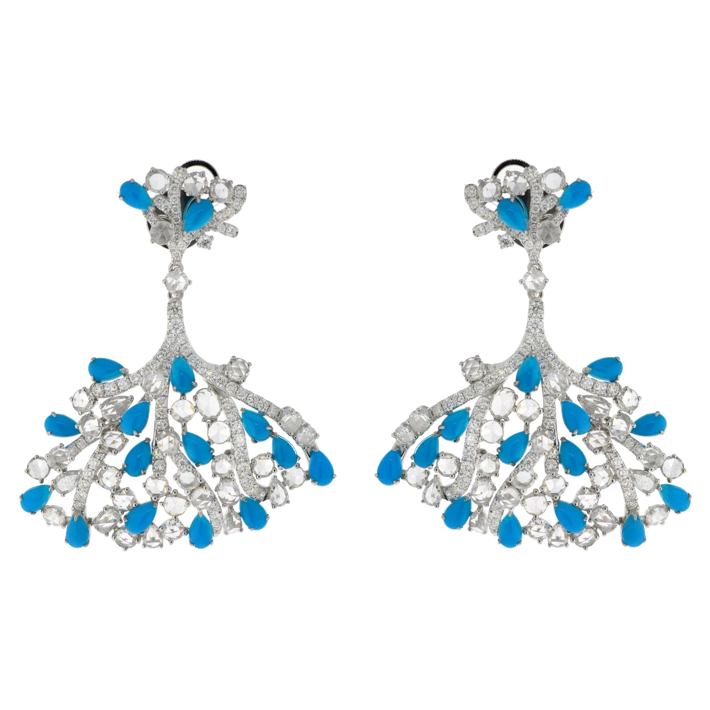 JR Turquoise and Rose Cut 18 Karat White Gold Earring