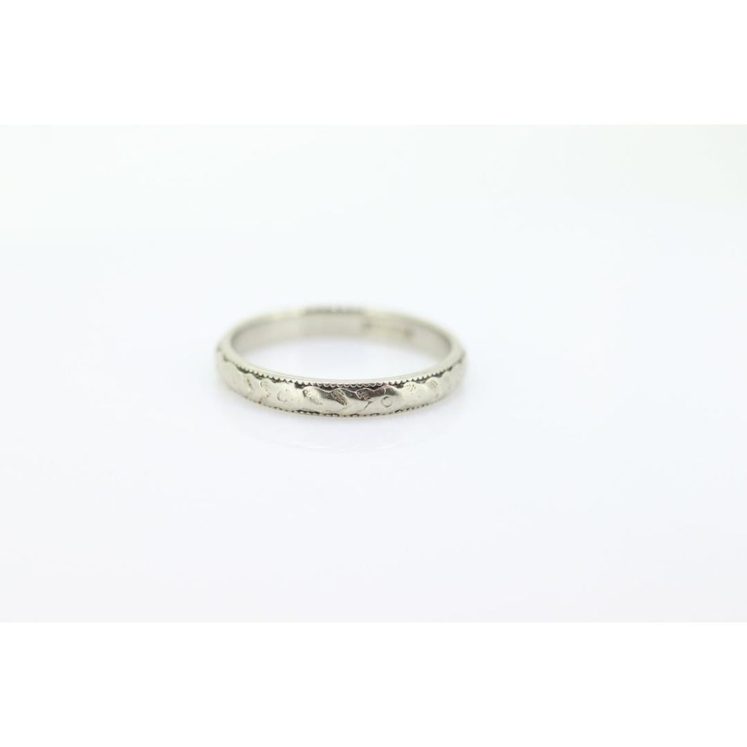 JR Wood and Sons 18K Band. 18k White Gold Embossed Flower Blossom Antique 1920s For Sale 5
