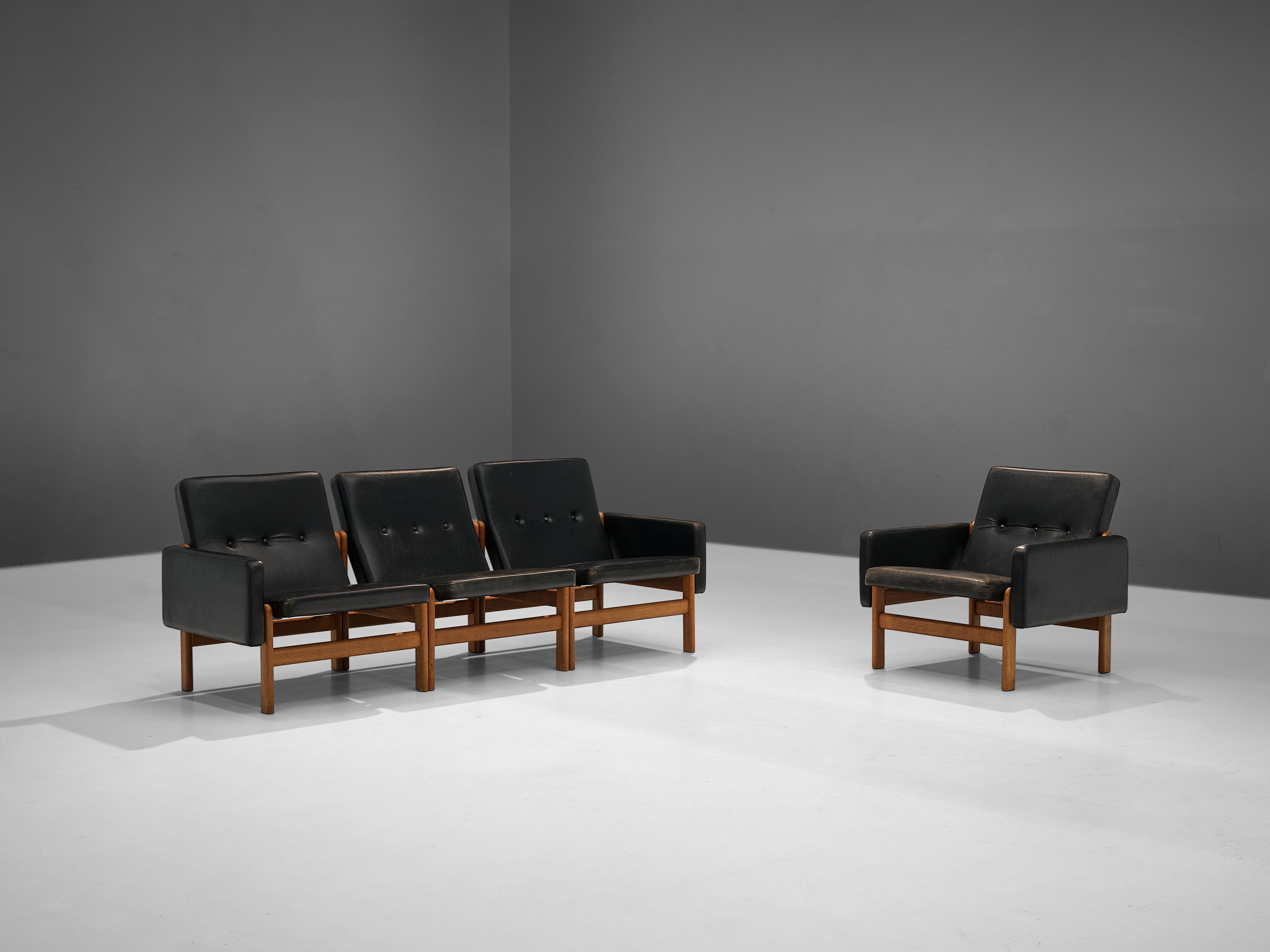 Jørgen Bækmark for FDB Møbler Three Seat Modular Sofa in Oak and Leather 4