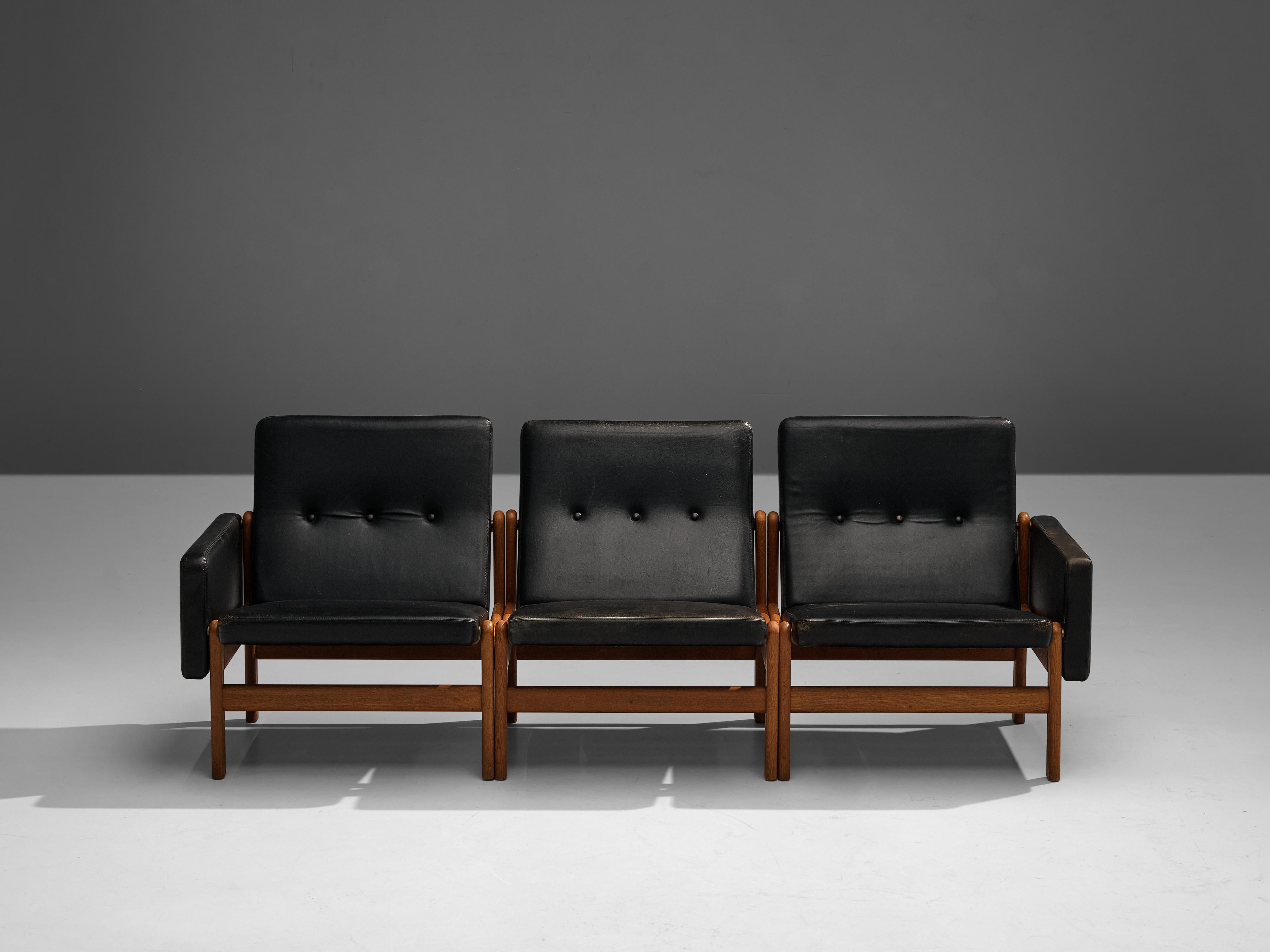 Mid-Century Modern Jørgen Bækmark for FDB Møbler Three Seat Modular Sofa in Oak and Leather