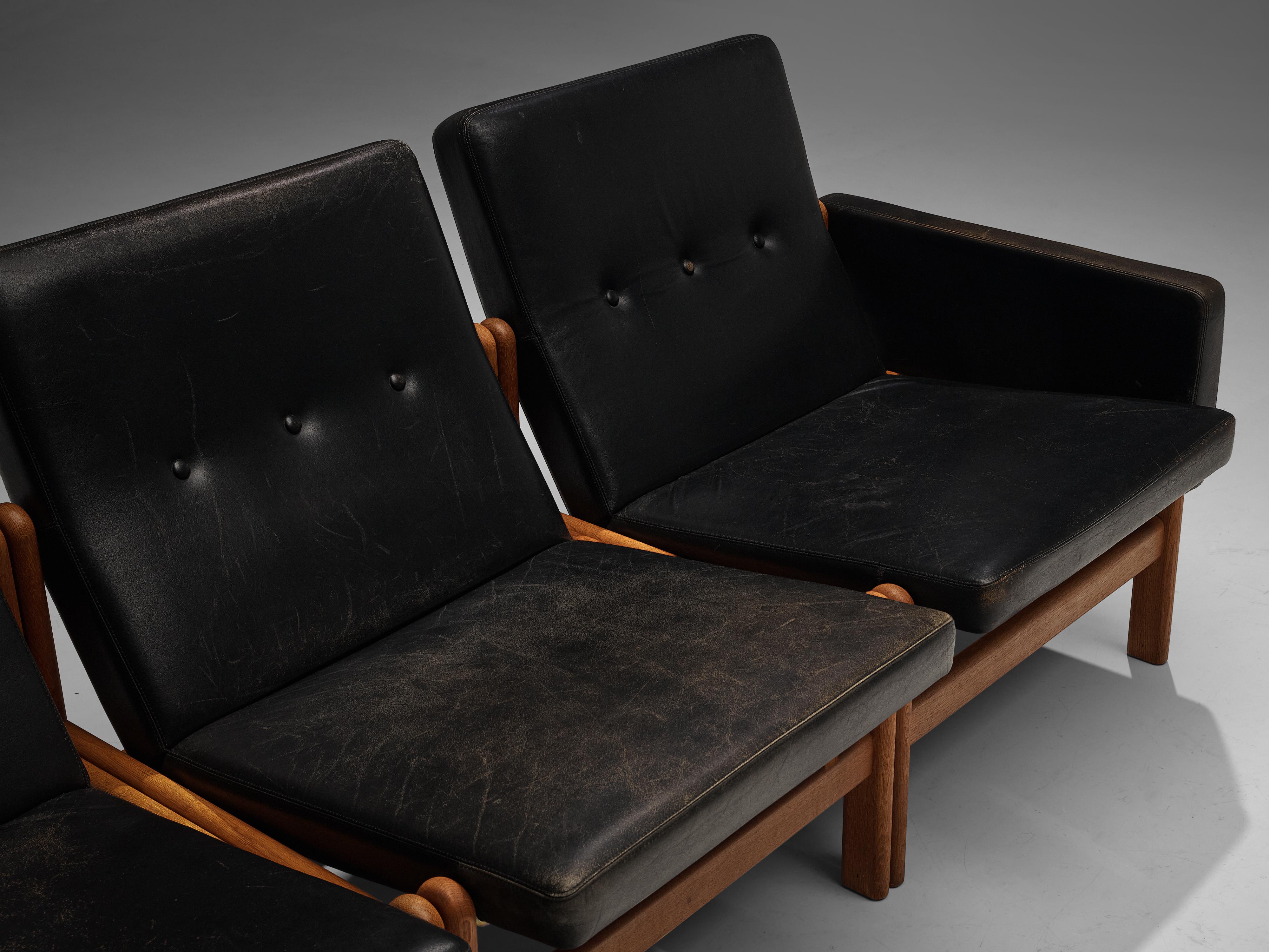 Danish Jørgen Bækmark for FDB Møbler Three Seat Modular Sofa in Oak and Leather