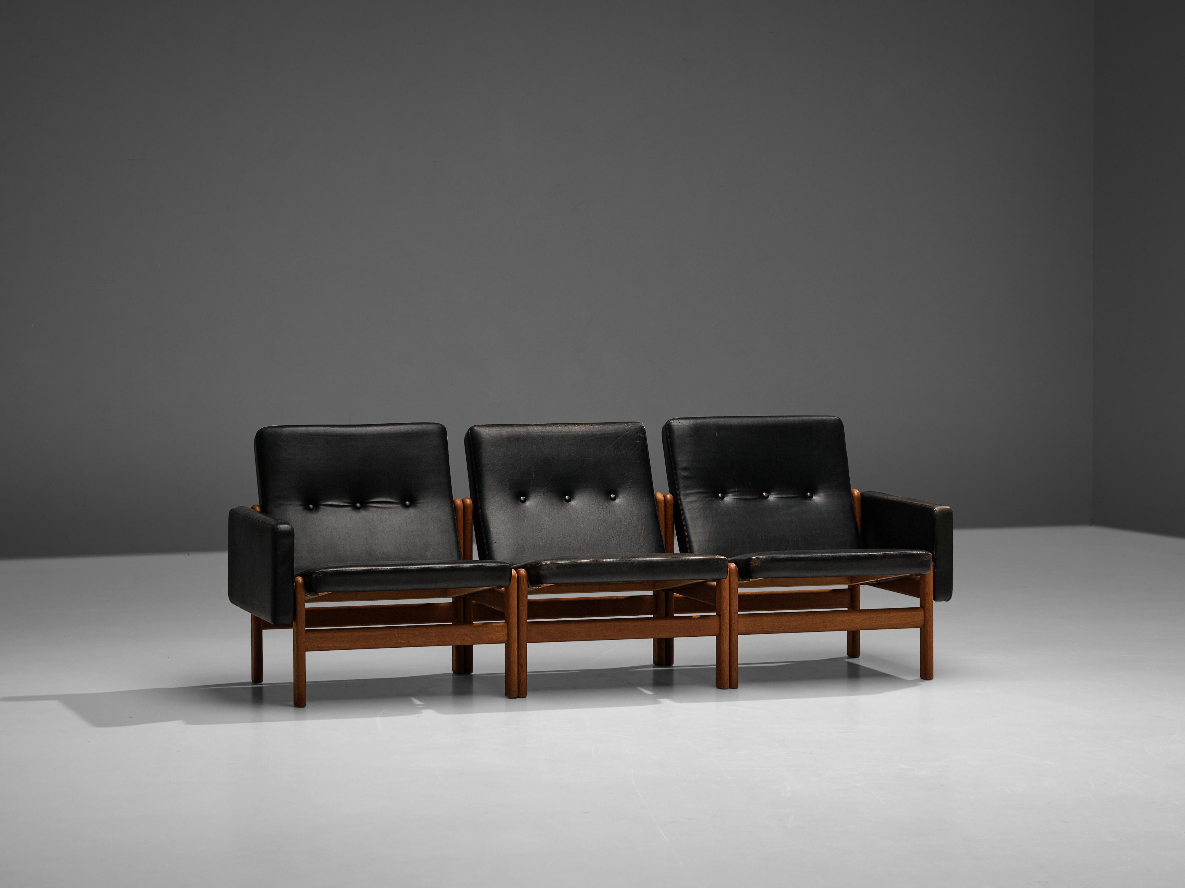 Jørgen Bækmark for FDB Møbler Three Seat Modular Sofa in Oak and Leather 1