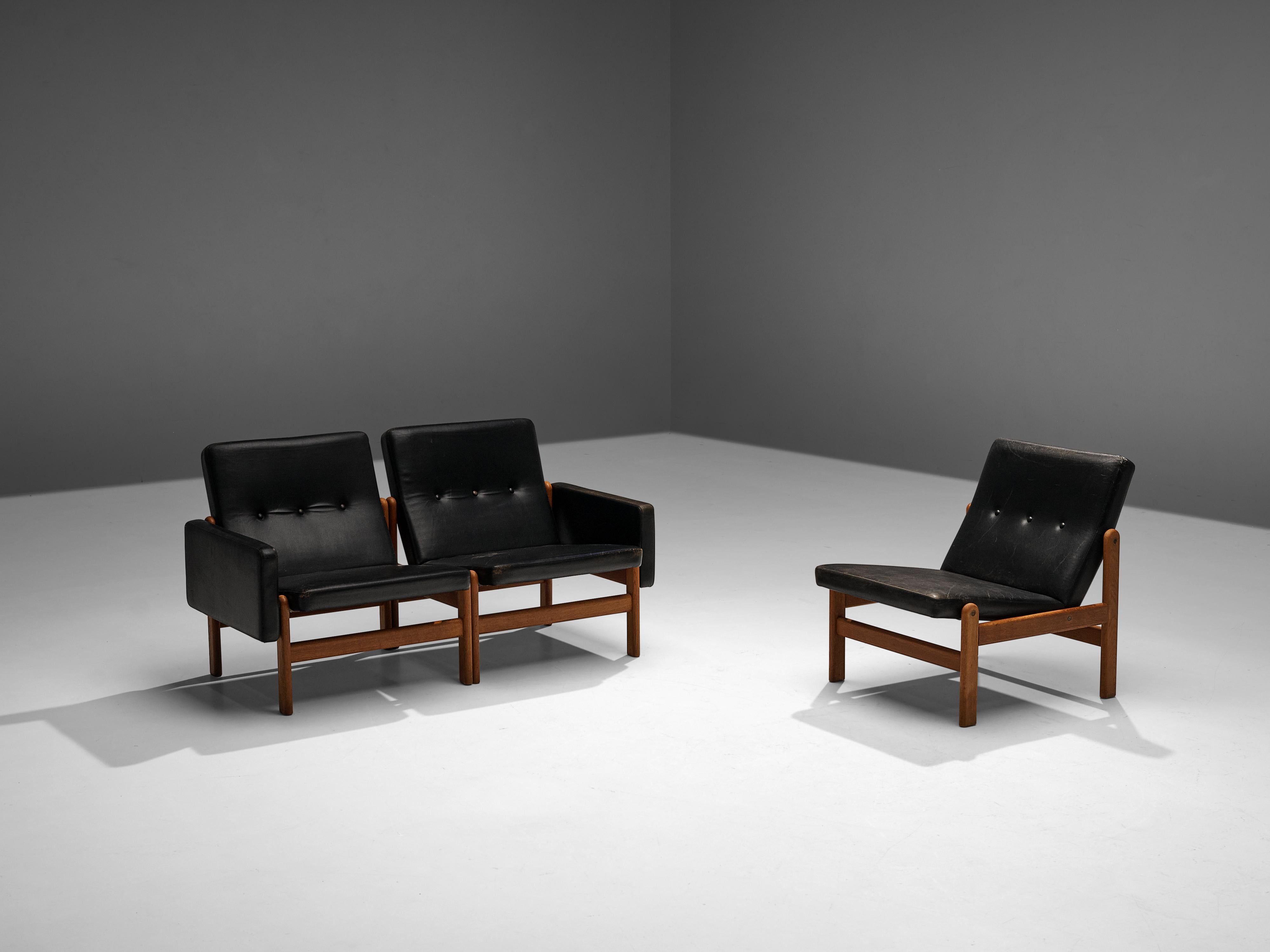 Jørgen Bækmark for FDB Møbler Three Seat Modular Sofa in Oak and Leather 2