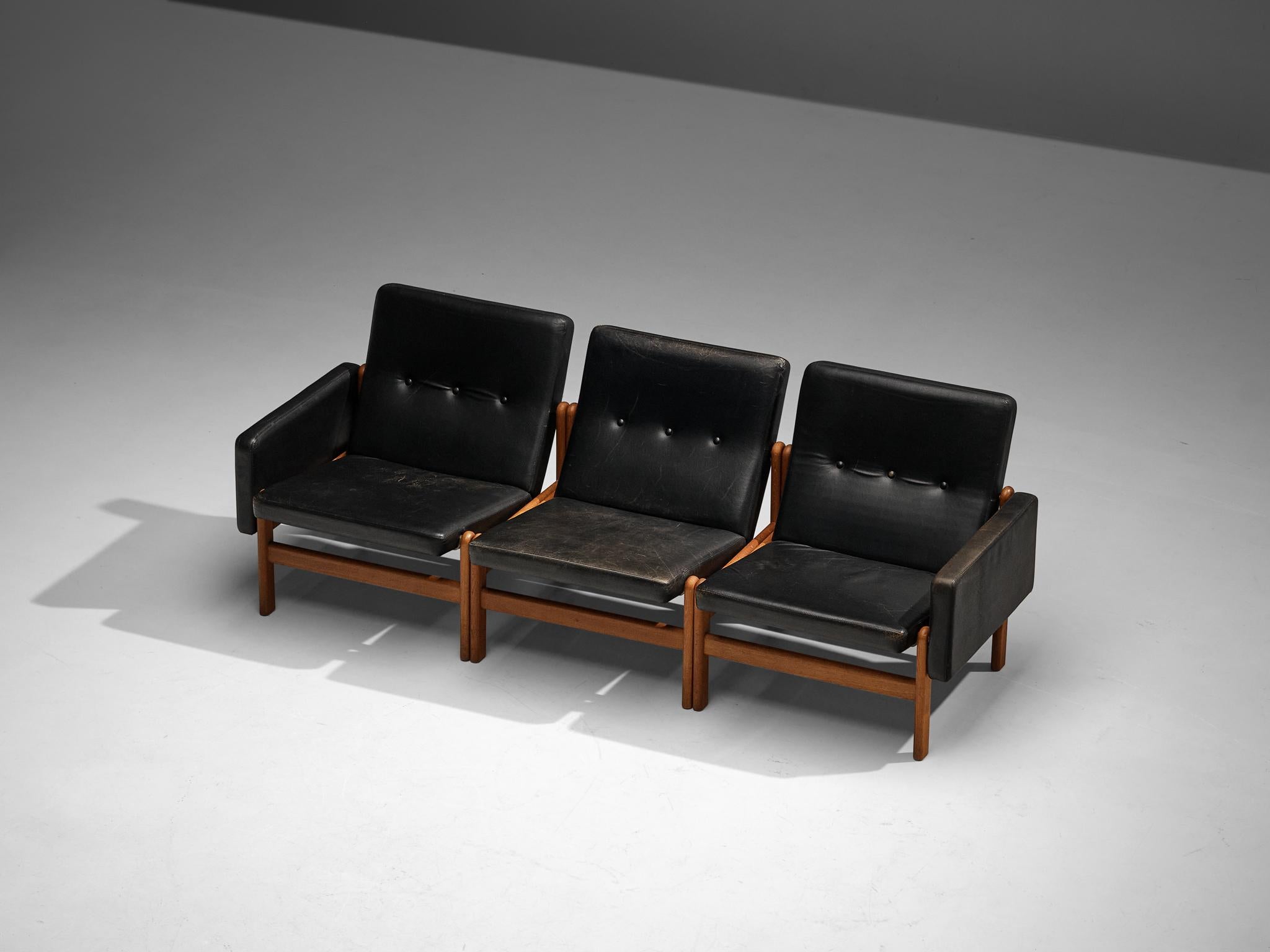 Danish Jørgen Bækmark for FDB Møbler Three Seat Modular Sofa in Oak and Leather  For Sale