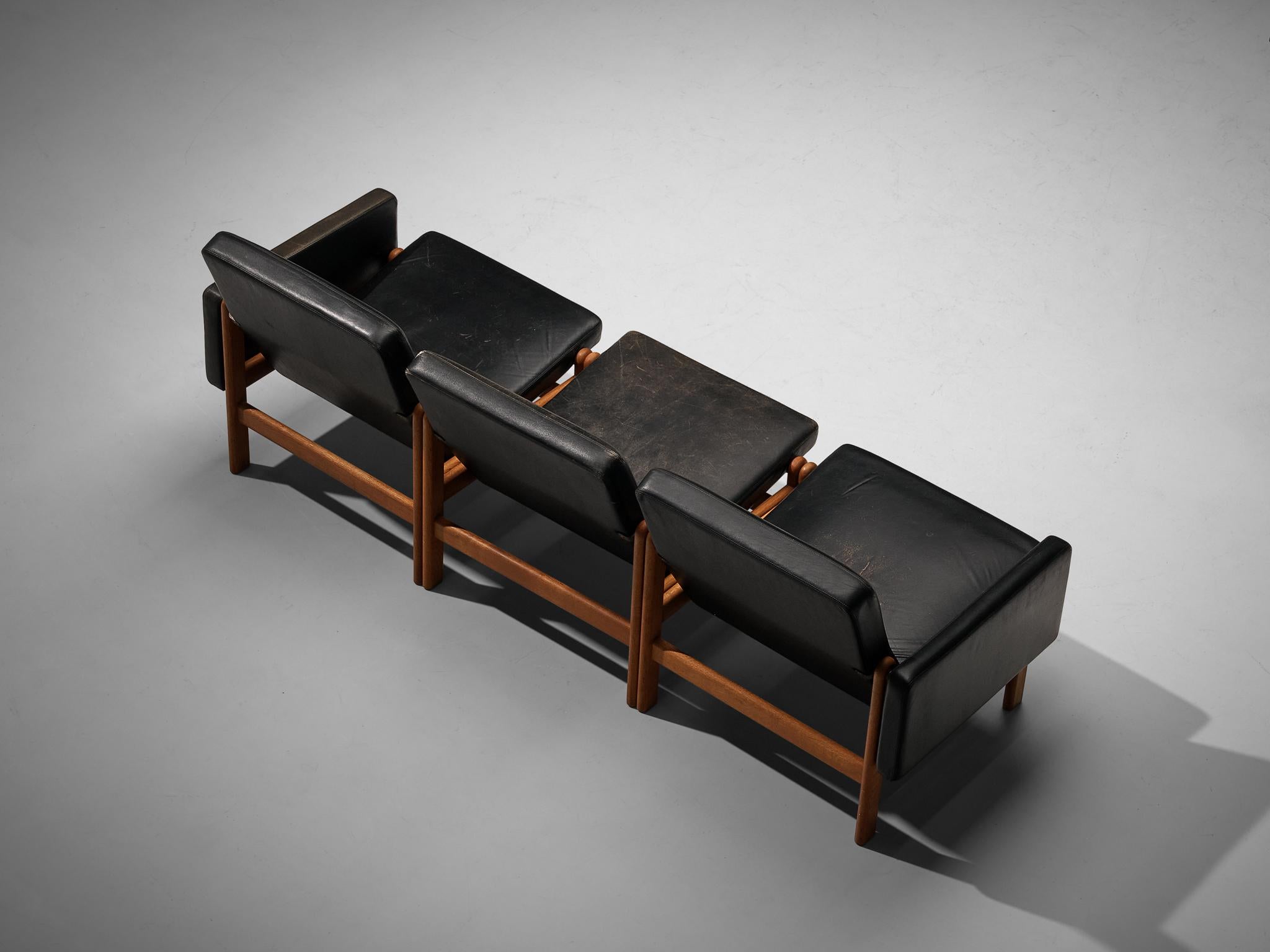 Mid-20th Century Jørgen Bækmark for FDB Møbler Three Seat Modular Sofa in Oak and Leather  For Sale