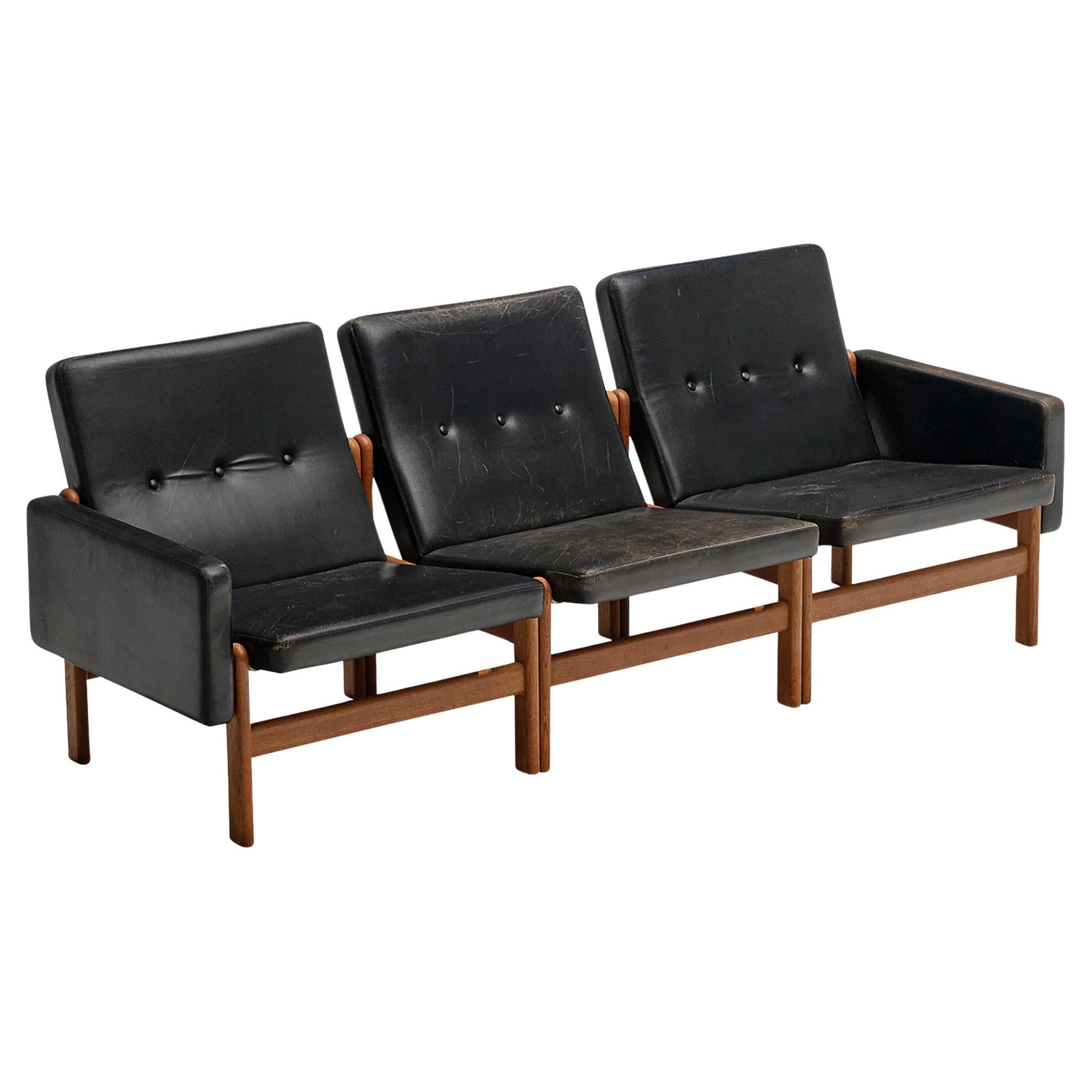 Jørgen Bækmark for FDB Møbler Three Seat Modular Sofa in Oak and Leather  For Sale
