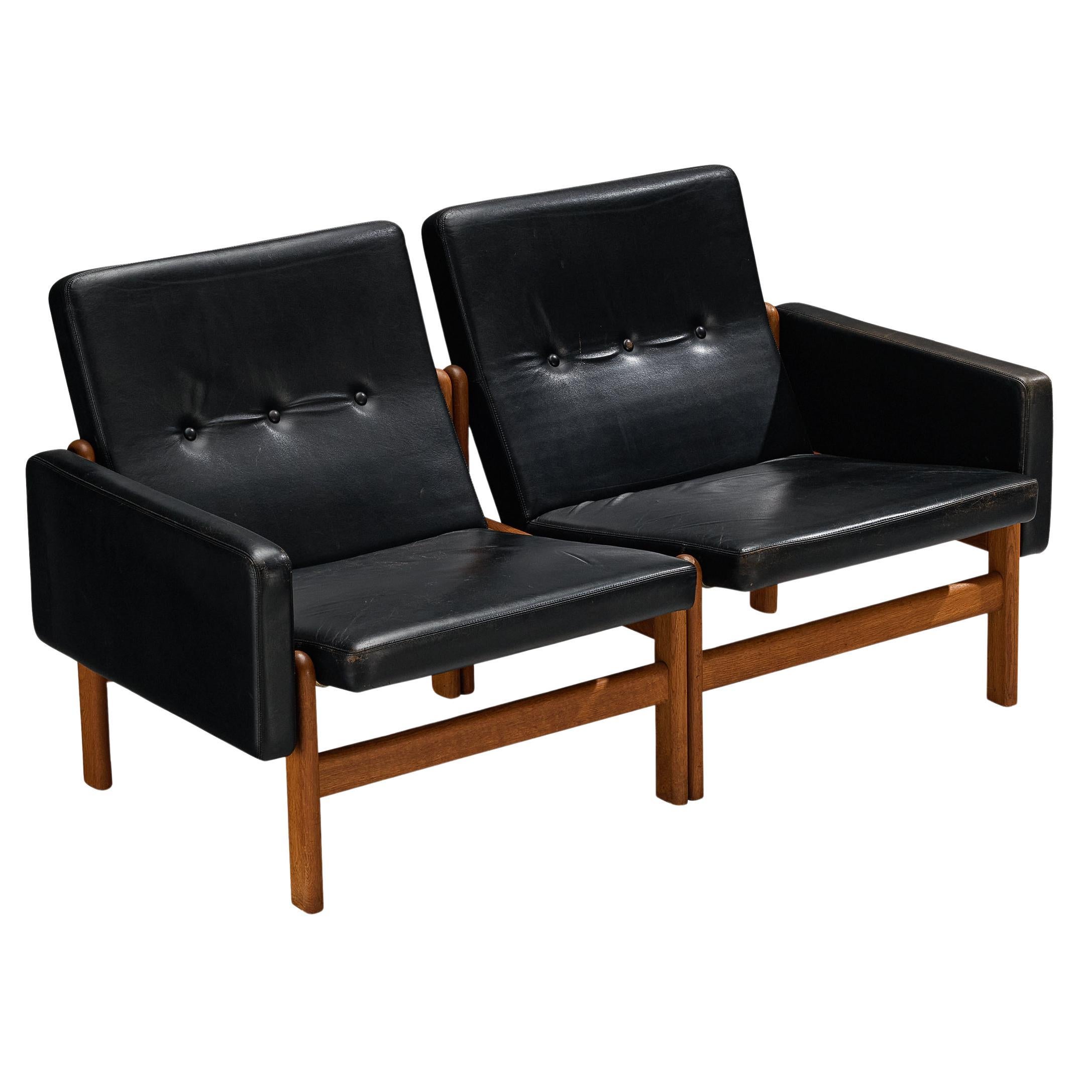 Jørgen Bækmark for FDB Møbler Two Seat Modular Sofa in Oak and Leather