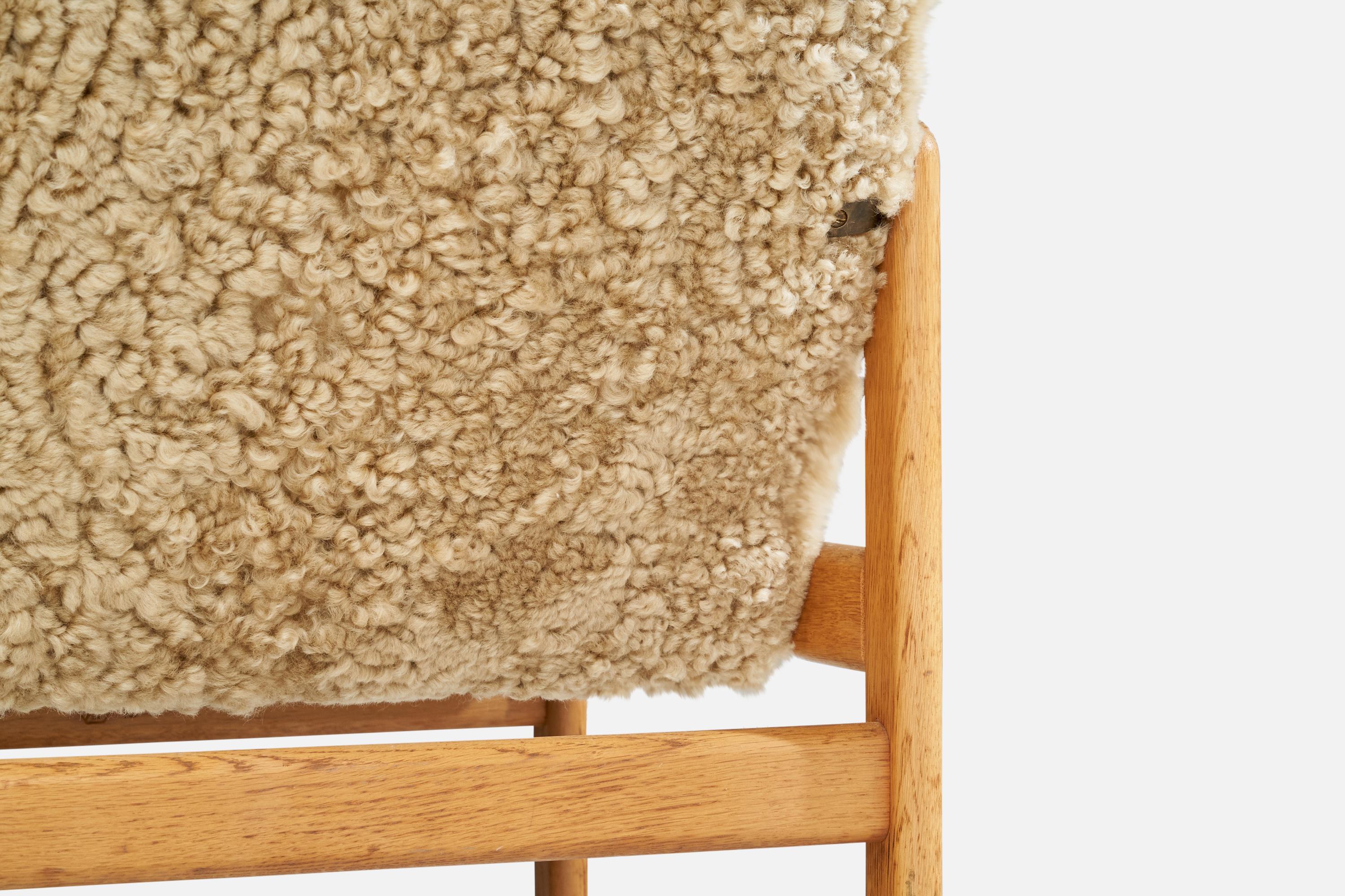 Sheepskin Jørgen Bækmark, Slipper Chair, Oak, Shearling, Denmark, 1960s